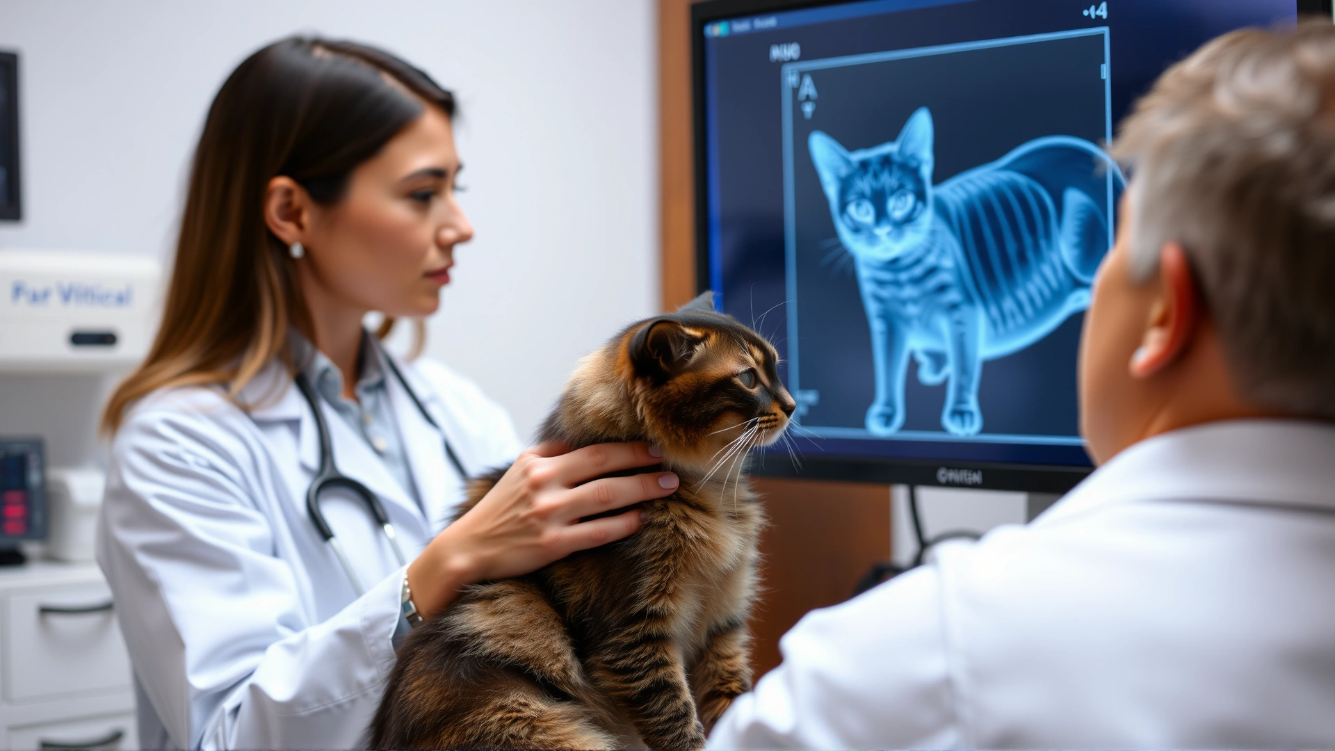 Veterinarian wearing a white coat gently holding a cat while examining a digital X-ray image on a monitor, veterinary clinic setting.