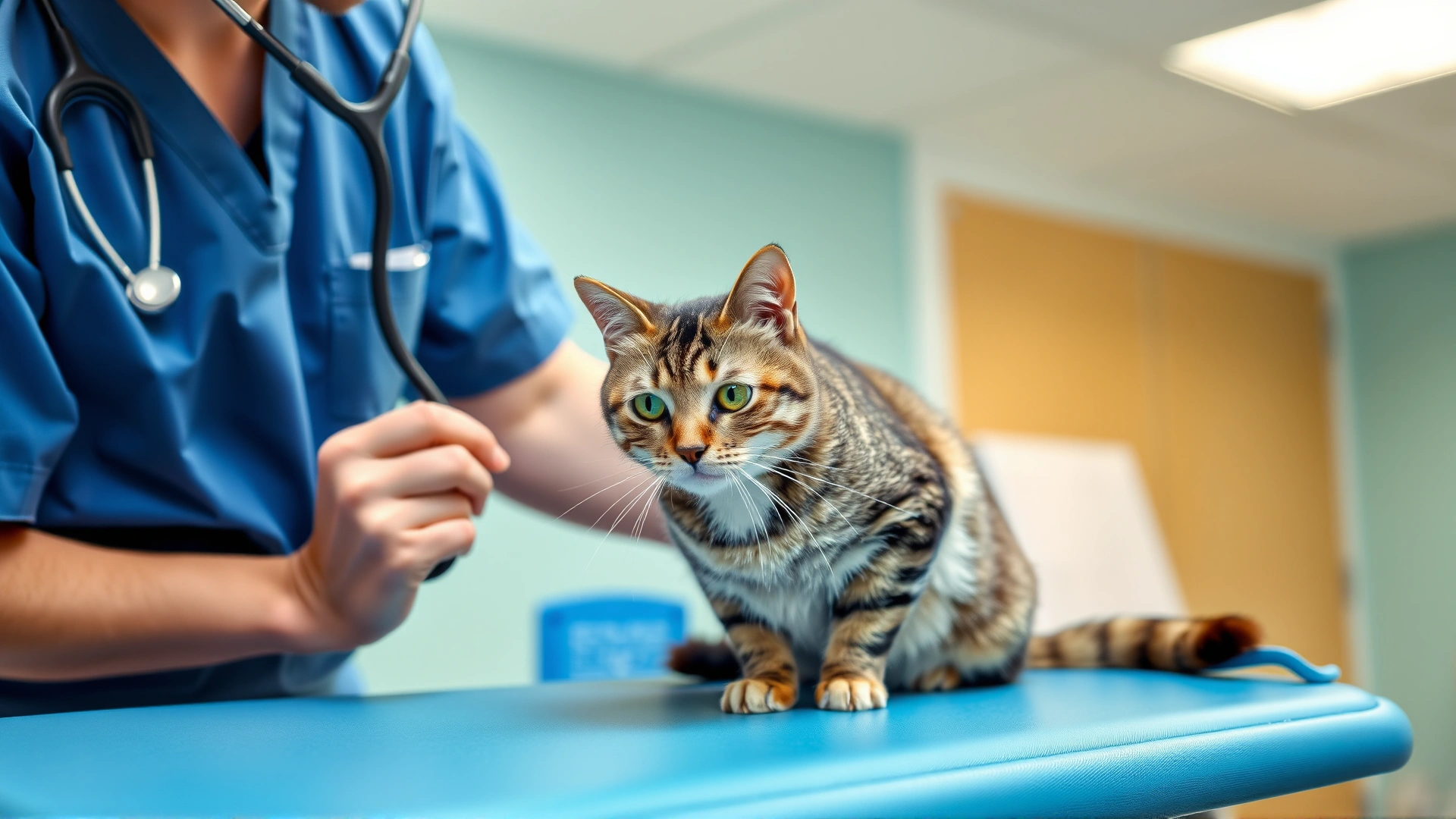 Veterinarian wearing blue scrubs using a stethoscope on a tabby cat positioned on an examination table inside a well-lit clinic.