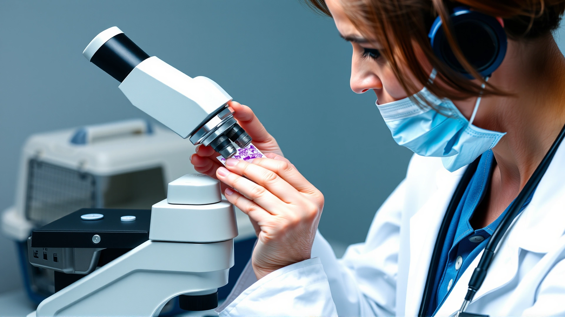 Veterinarian in lab coat examining a cytology slide under microscope with cat carrier visible in background.