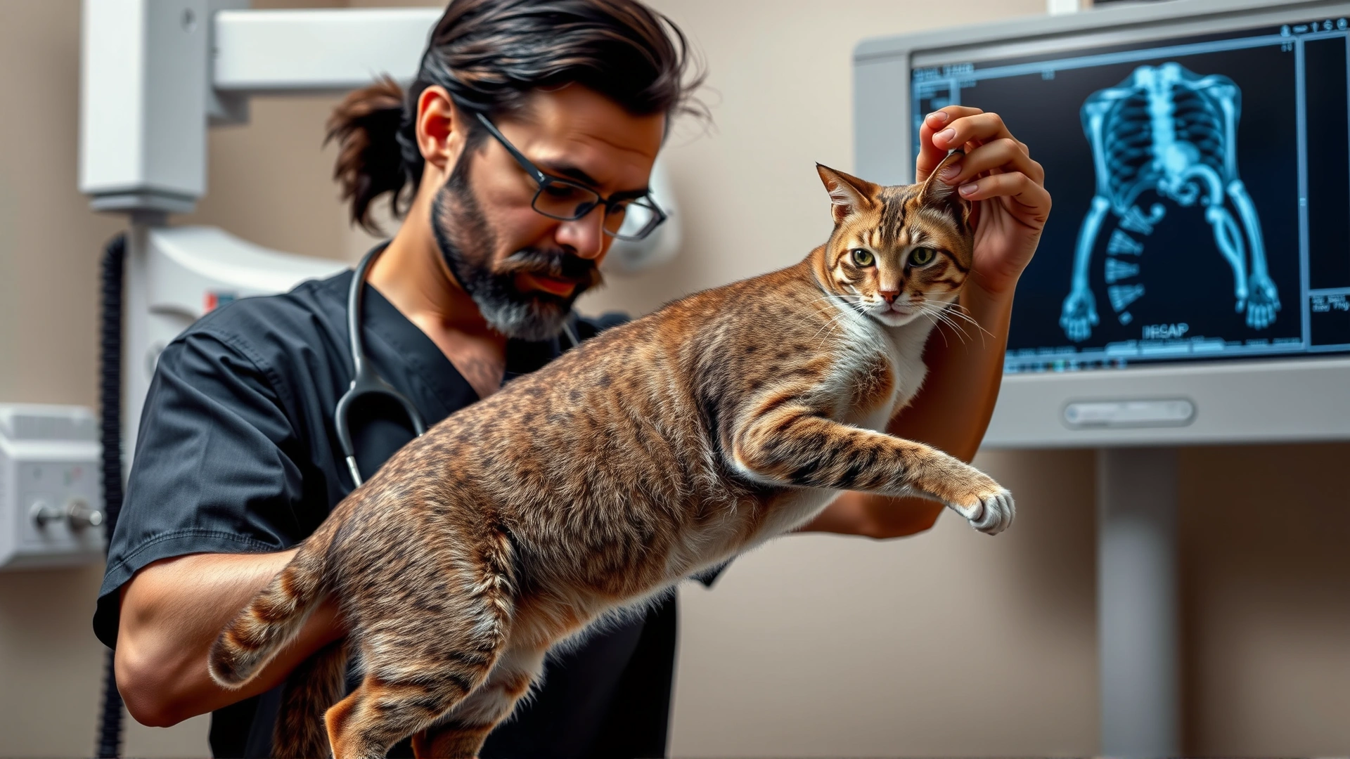 Veterinarian gently positioning a cat for a thoracic X-ray, with the X-ray machine visible in the background, clinical environment.