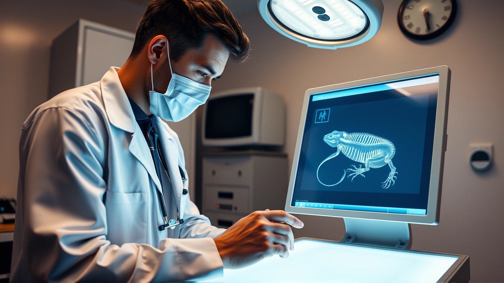 Veterinarian in a clinic examining an X-ray image of a lizard on a lightbox, medical setting, professional atmosphere