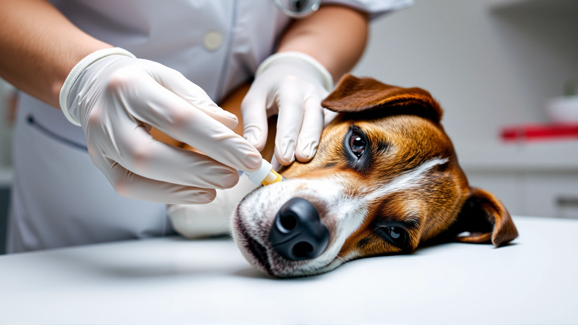 Veterinarian wearing gloves taking a fecal sample from a medium-sized dog on exam table.
