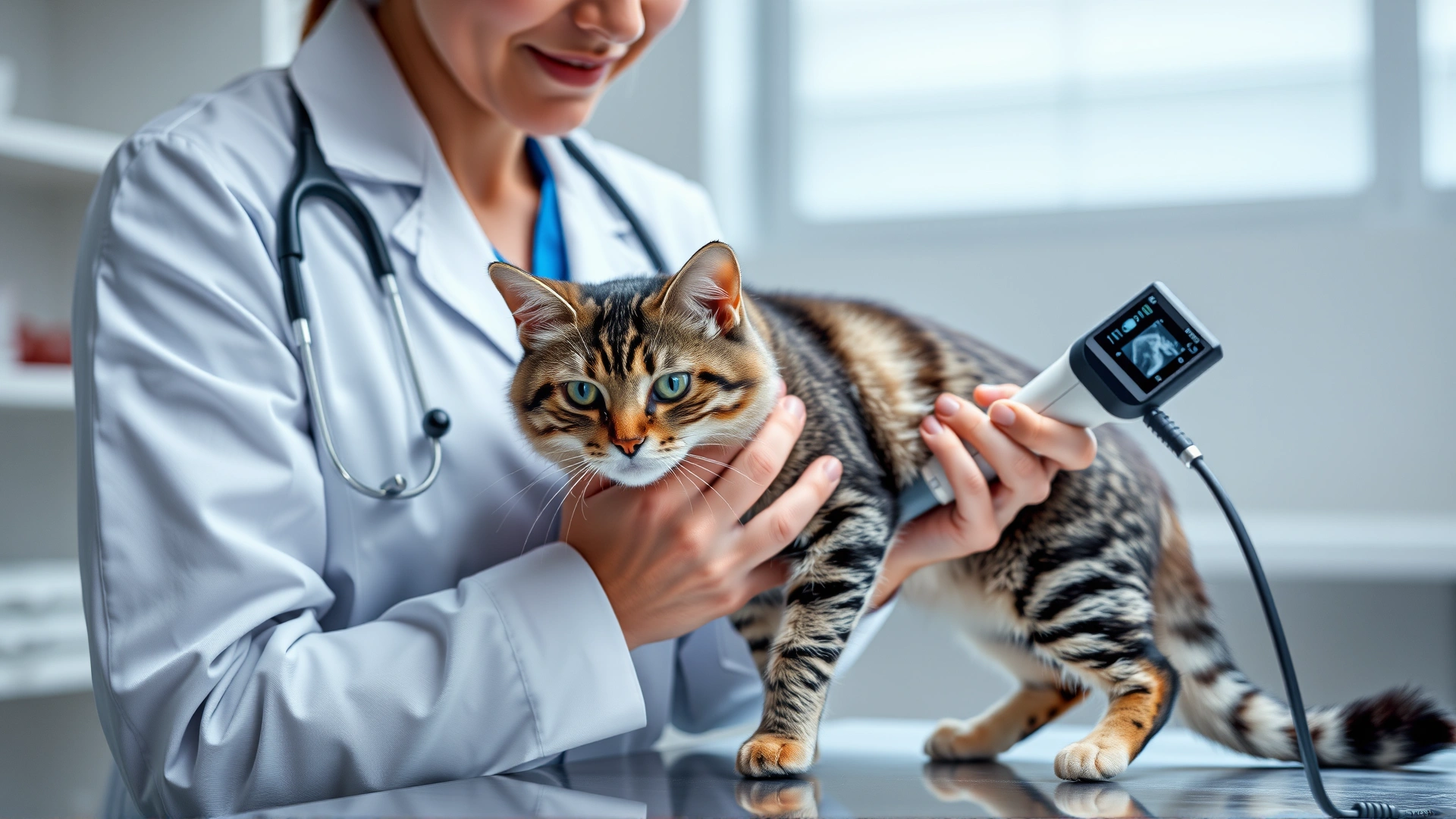 Veterinarian gently holding a tabby cat while examining its leg with an ultrasound probe in a modern clinic setting