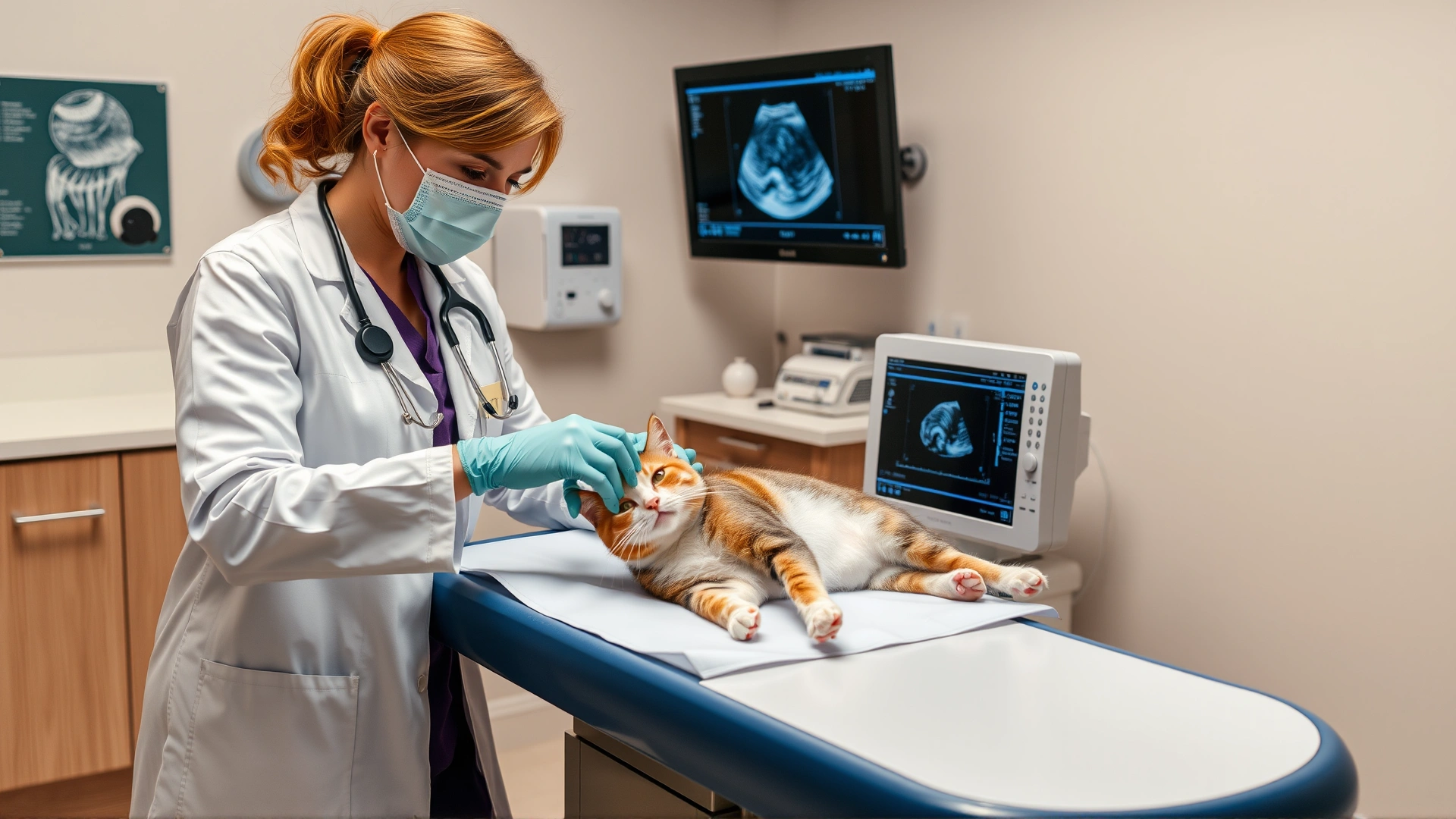 Veterinarian performing an ultrasound scan on a relaxed cat lying on an examination table in a modern vet clinic, clear medical setting, no text.