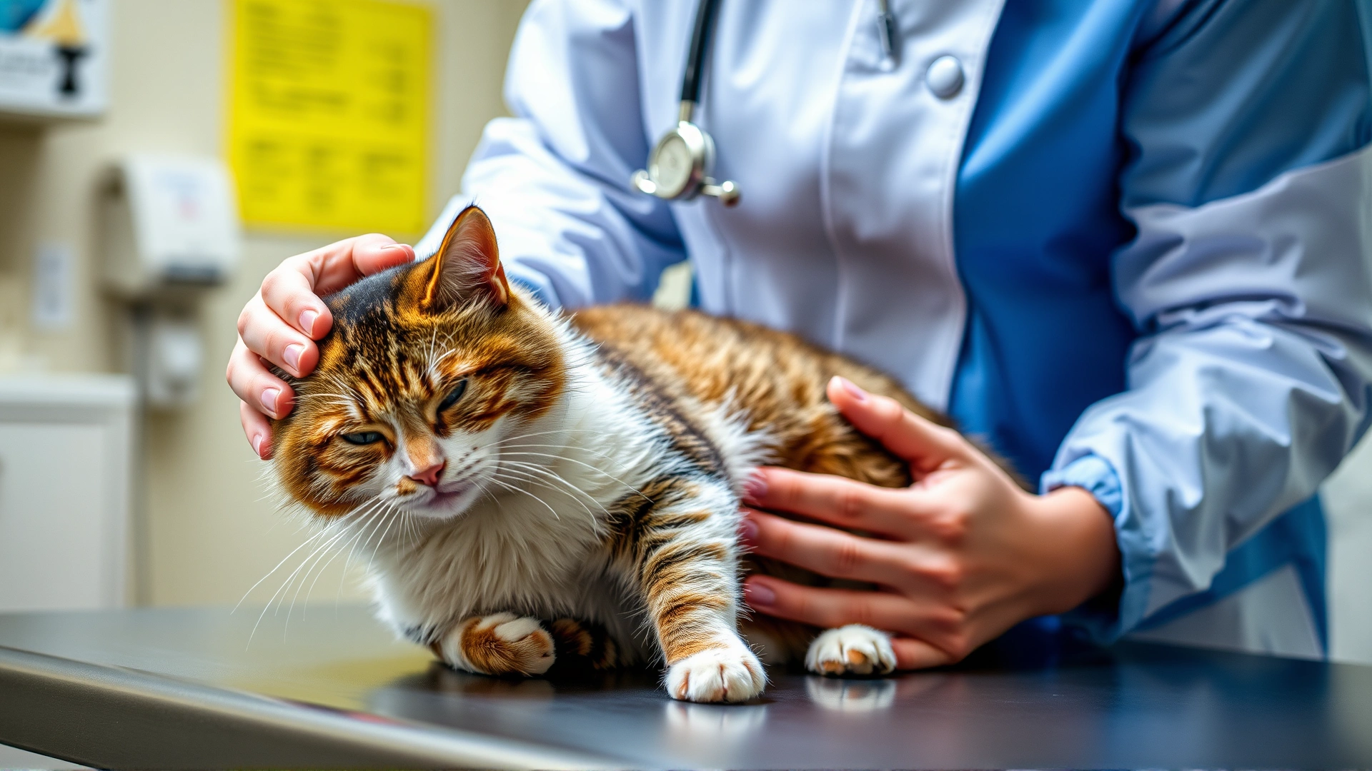 Veterinarian gently palpating a calm cat's abdomen on an examination table, clinic background out of focus.