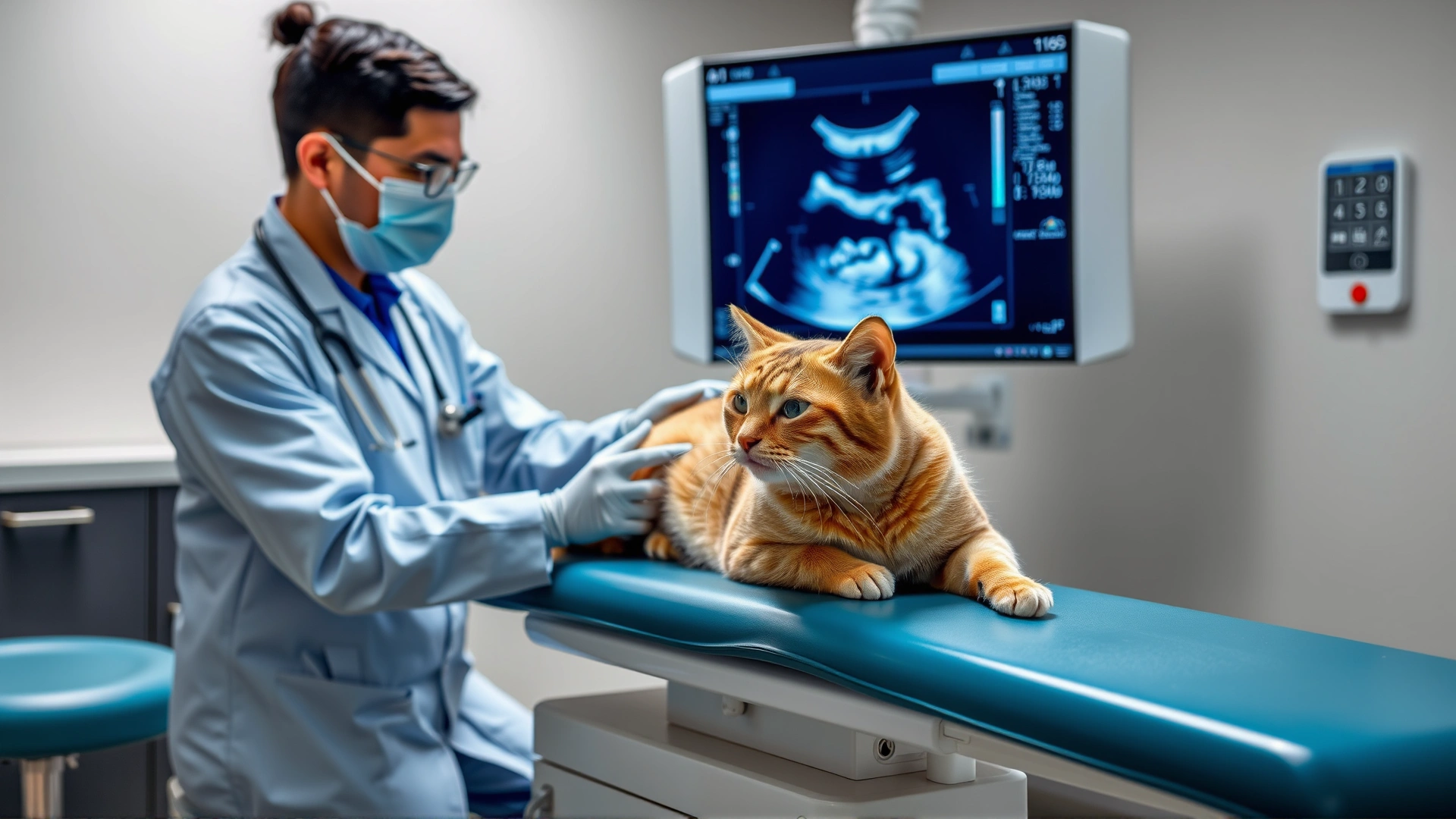 Veterinarian performing an ultrasound scan on a relaxed cat lying on an examination table in a modern veterinary clinic.