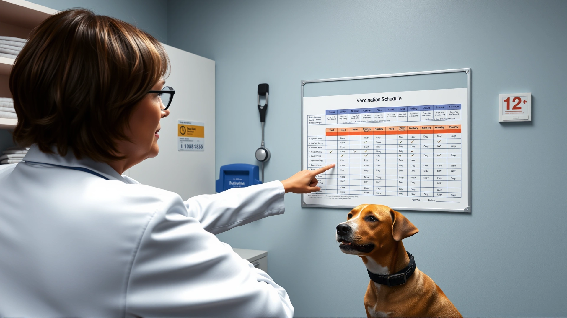 Veterinarian talking to a dog owner in an exam room, pointing at a vaccination schedule chart (no visible text).