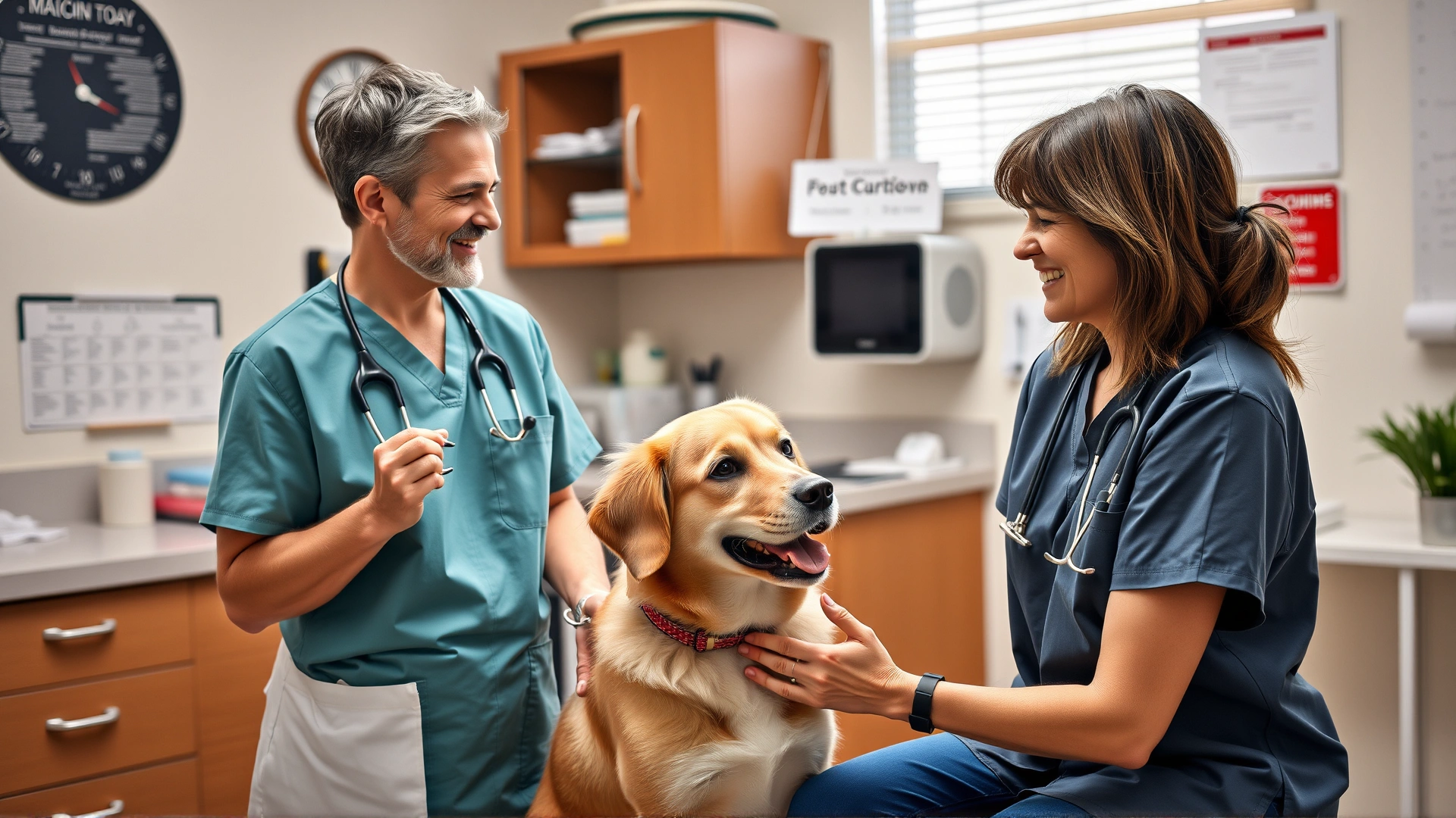 Veterinarian talking to dog owner in clinic office, explaining vaccination schedule, both smiling, dog present