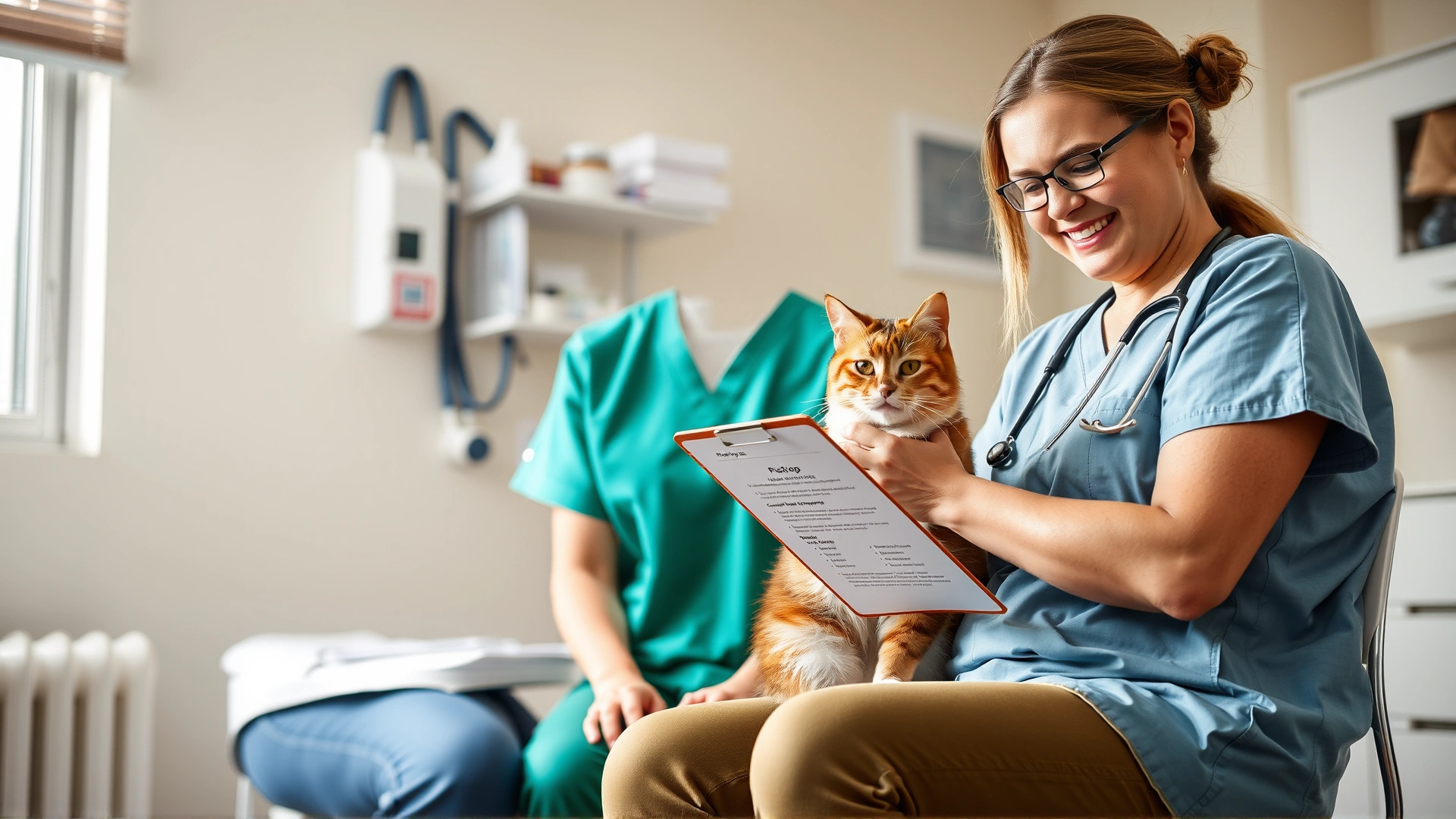 Female cat owner sitting with veterinarian in clinic, reviewing post-op care instructions displayed on a clipboard; friendly interaction; bright environment.