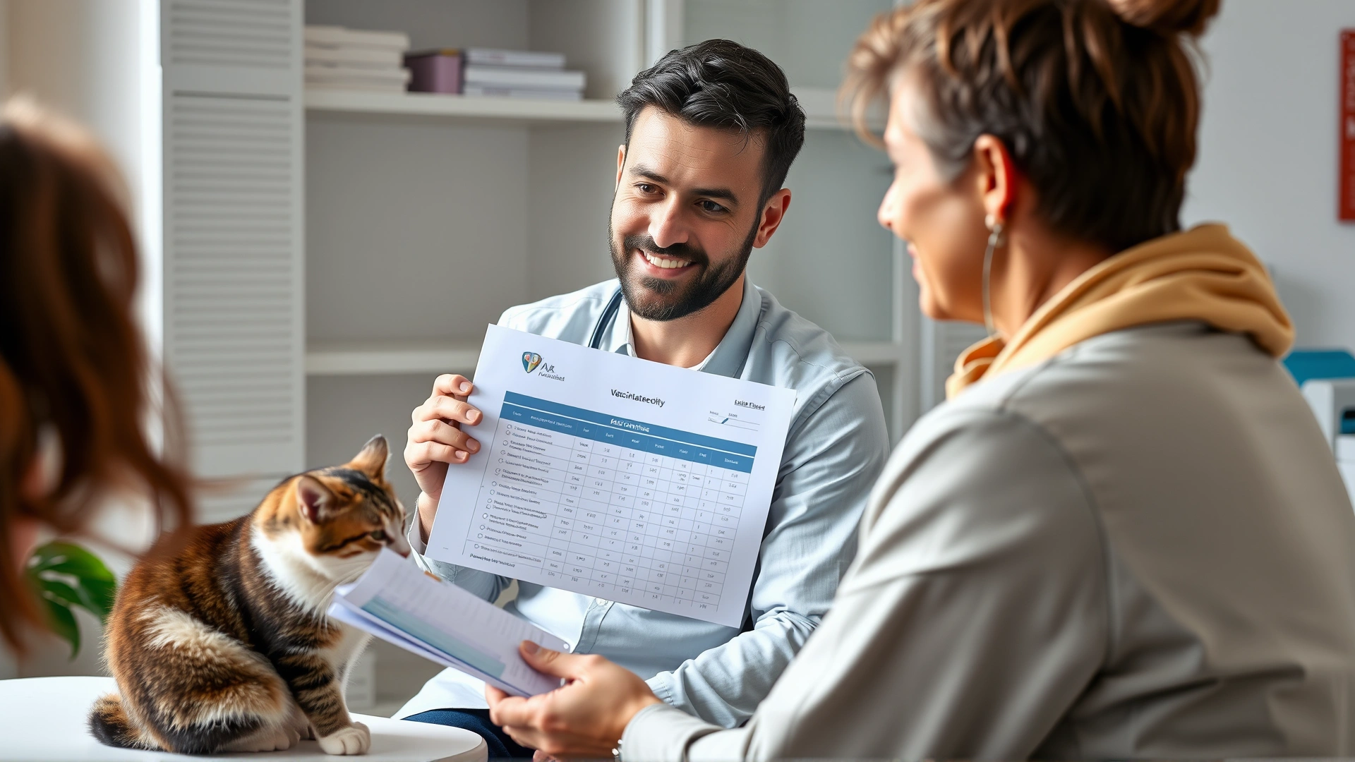 Friendly veterinarian sitting across from cat owner, holding a vaccination record booklet and discussing schedule