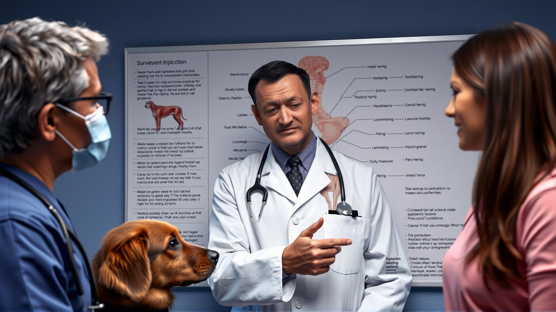 Veterinarian talking to a pet owner while pointing to an anatomy chart in the background, highlighting hernia explanation (no text visible on chart)