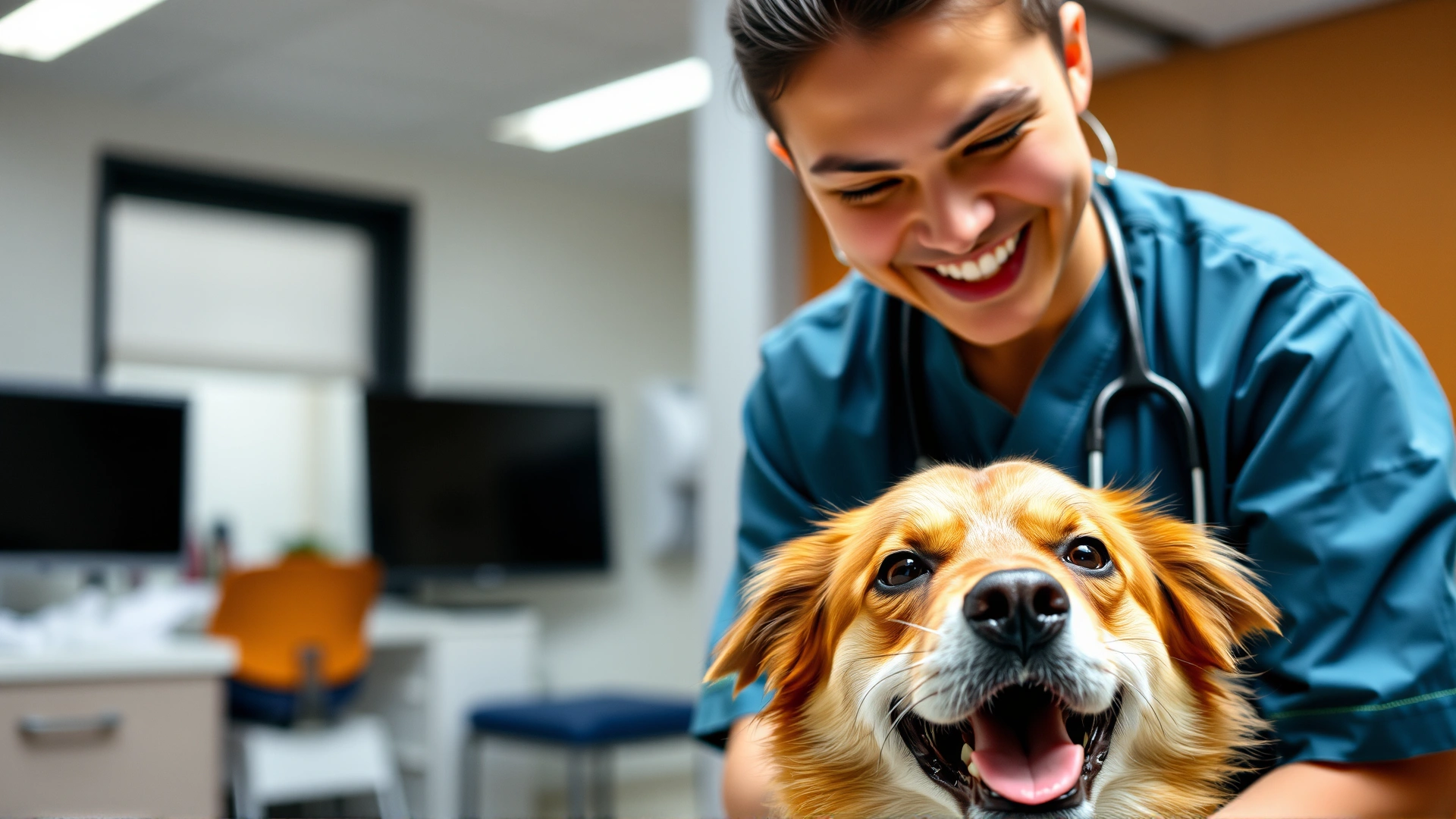 Close-up of a veterinarian smiling while carefully examining a happy medium-sized dog in a modern clinic.