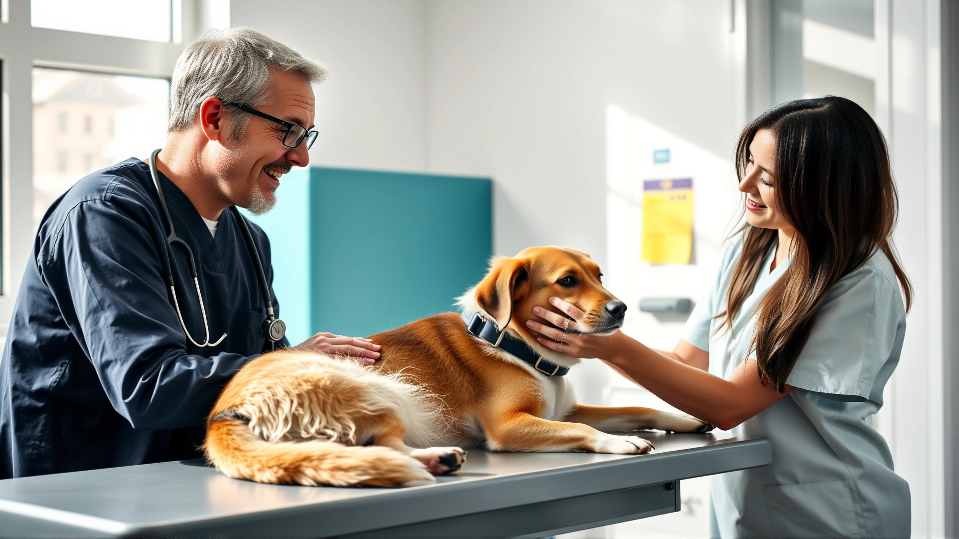 Friendly veterinarian talking with a dog owner while comforting a medium-sized dog on the exam table, bright clinic background, horizontal orientation, natural lighting