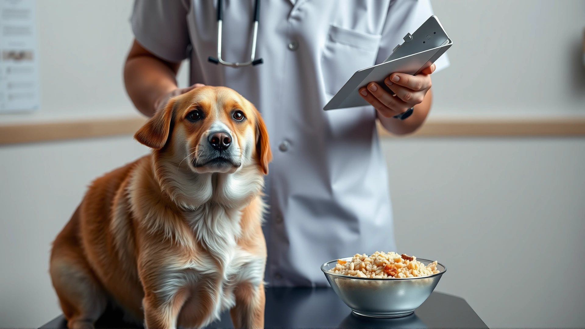 Veterinarian in a clinic gently examining a medium-sized dog with a bowl containing boiled chicken and rice on the examination table.