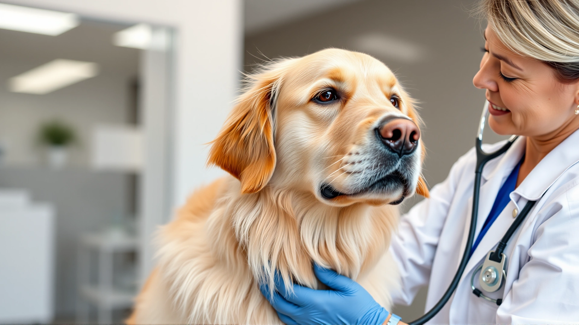 Veterinarian using a stethoscope to check a senior golden retriever in a modern clinic, emphasizing thorough health check.