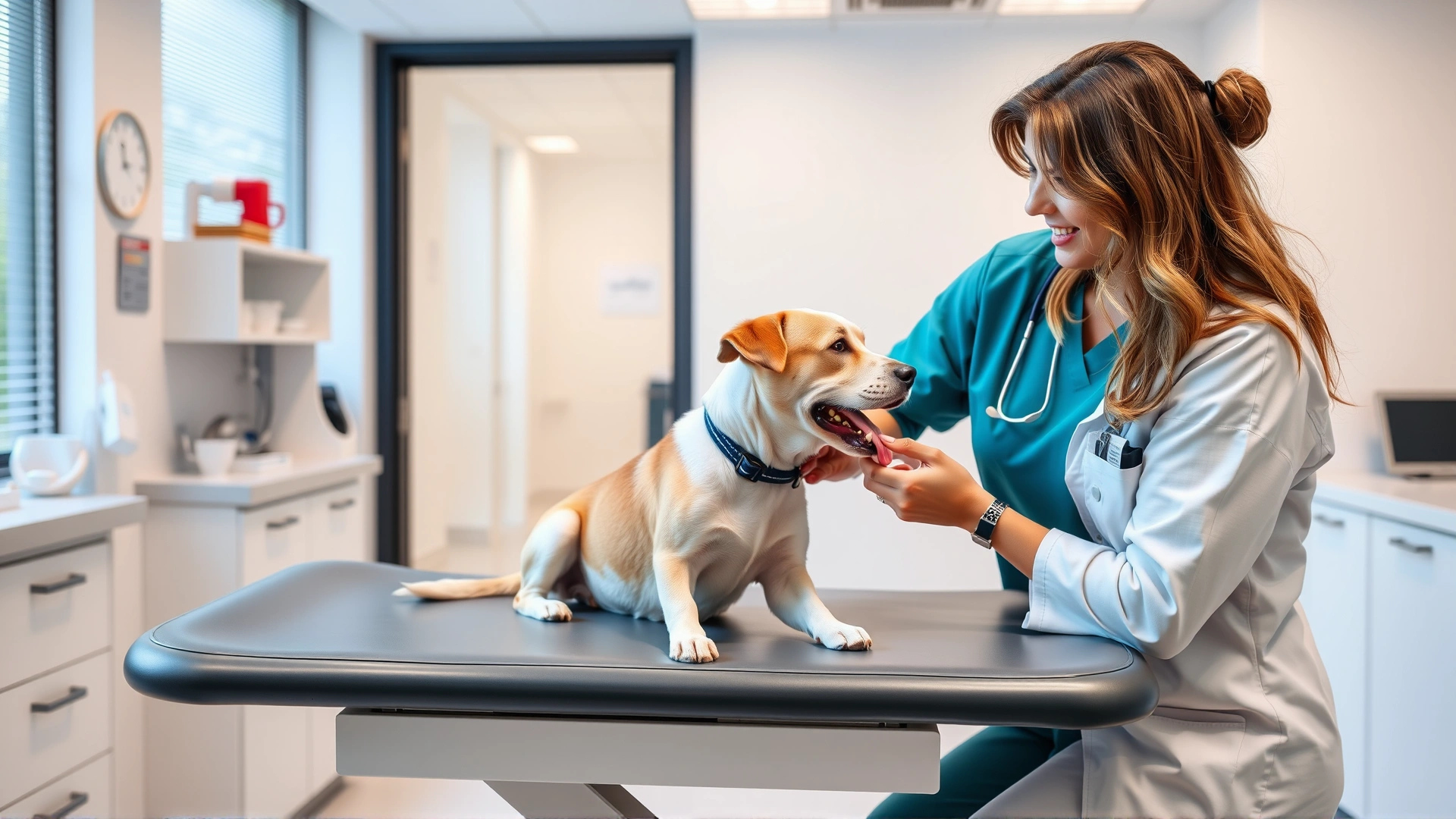 Female veterinarian examining a medium-sized dog on an exam table while talking to the owner, bright modern clinic, friendly atmosphere