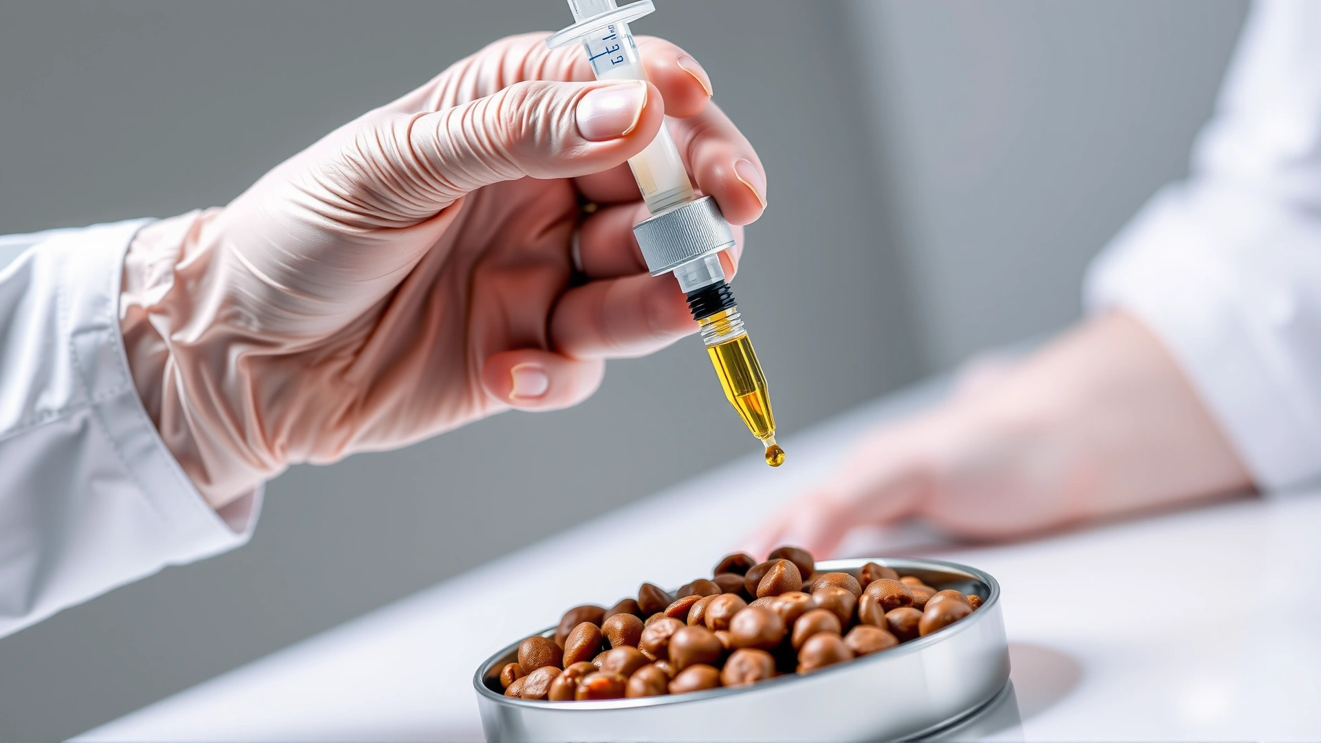 Veterinarian’s hand holding a syringe-style dropper over dog food, demonstrating accurate dosing of liquid fish oil