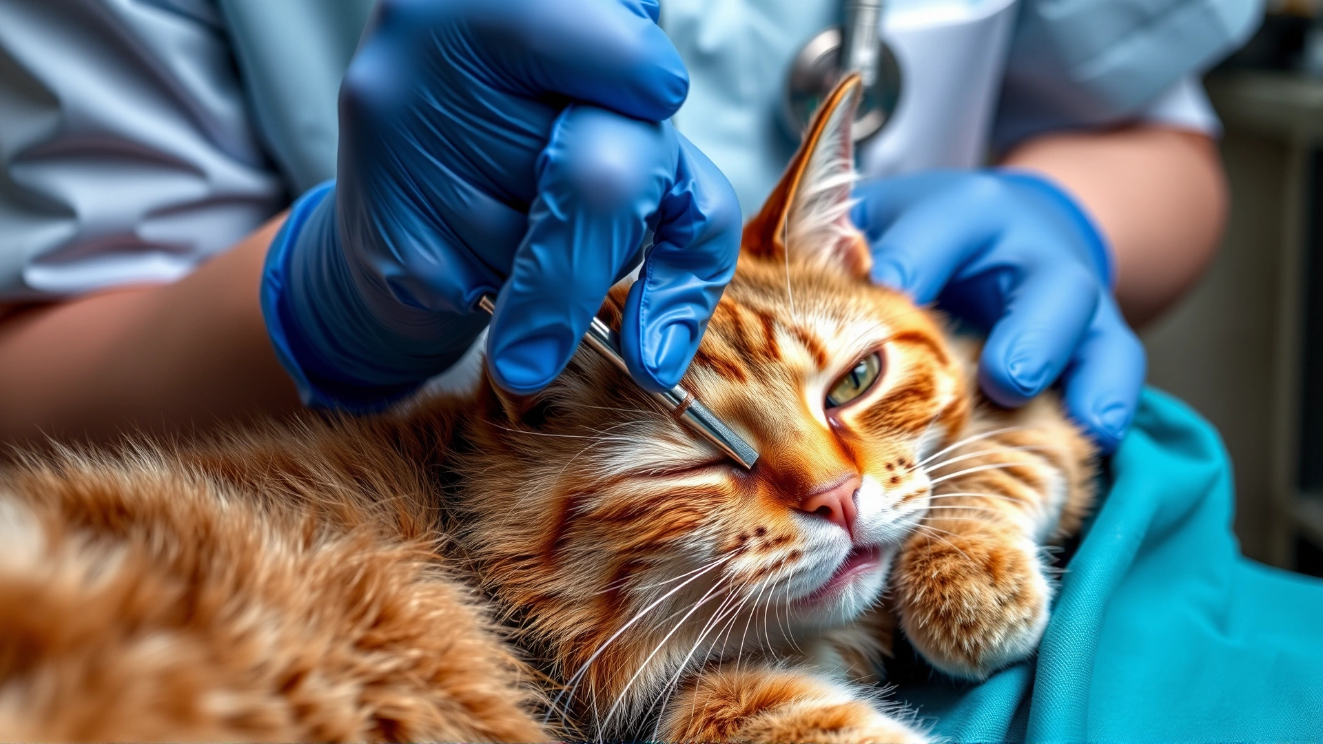 Veterinarian wearing gloves gently cleaning and draining an abscess on a sedated cat using sterile instruments in a clinical setting.