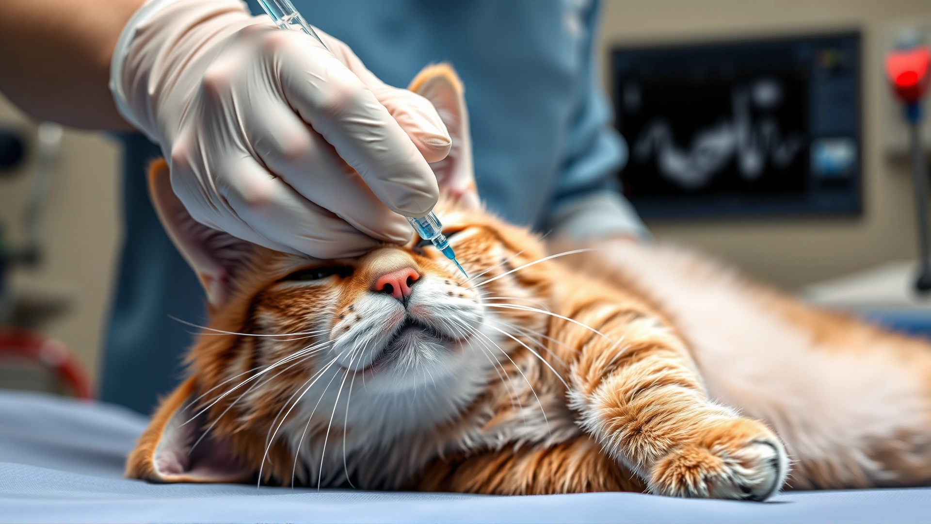 Close-up of a veterinarian aspirating fluid from a sedated cat’s abdomen under ultrasound guidance in a sterile operating room.