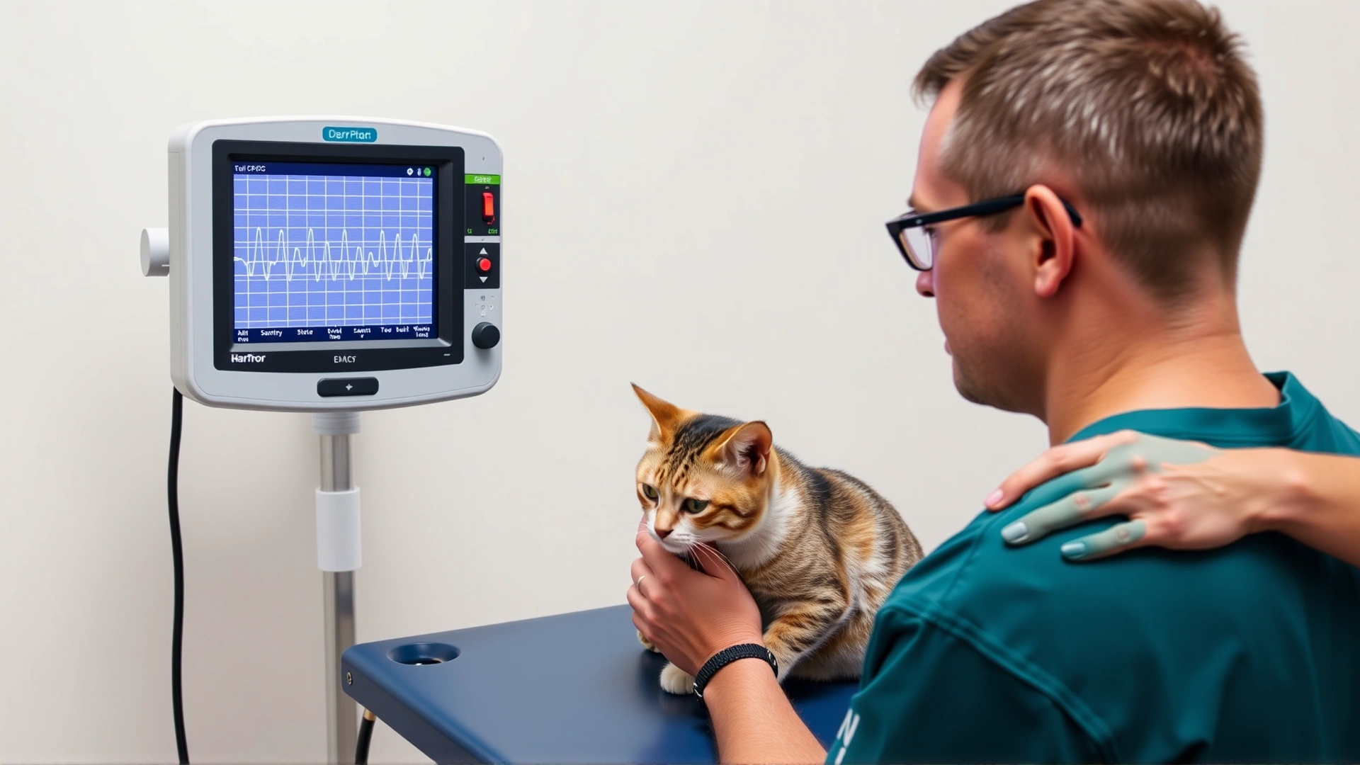 Veterinarian in scrubs reviewing a digital ECG monitor that displays a cat's heartbeat, with the cat gently restrained on the exam table.