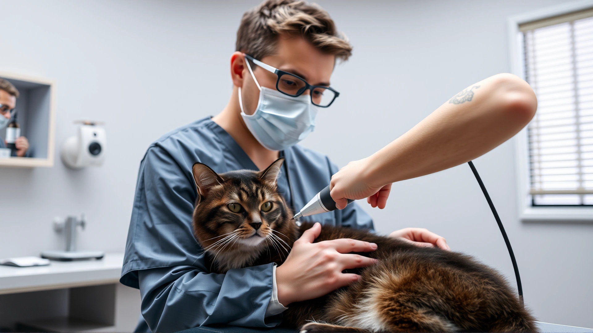 Veterinarian performing an echocardiogram on a calm cat using an ultrasound probe, modern veterinary clinic interior