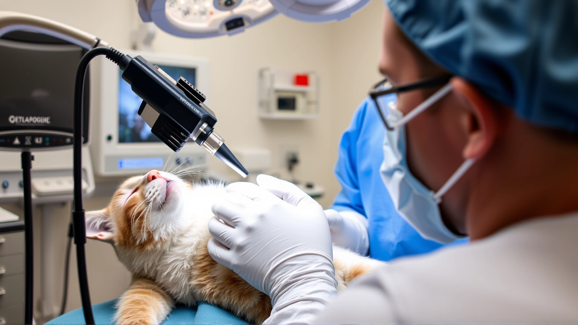 Photo of a veterinarian performing a laryngoscopic exam on a sedated cat in a sterile operating room, showing endoscope equipment, no text overlay.
