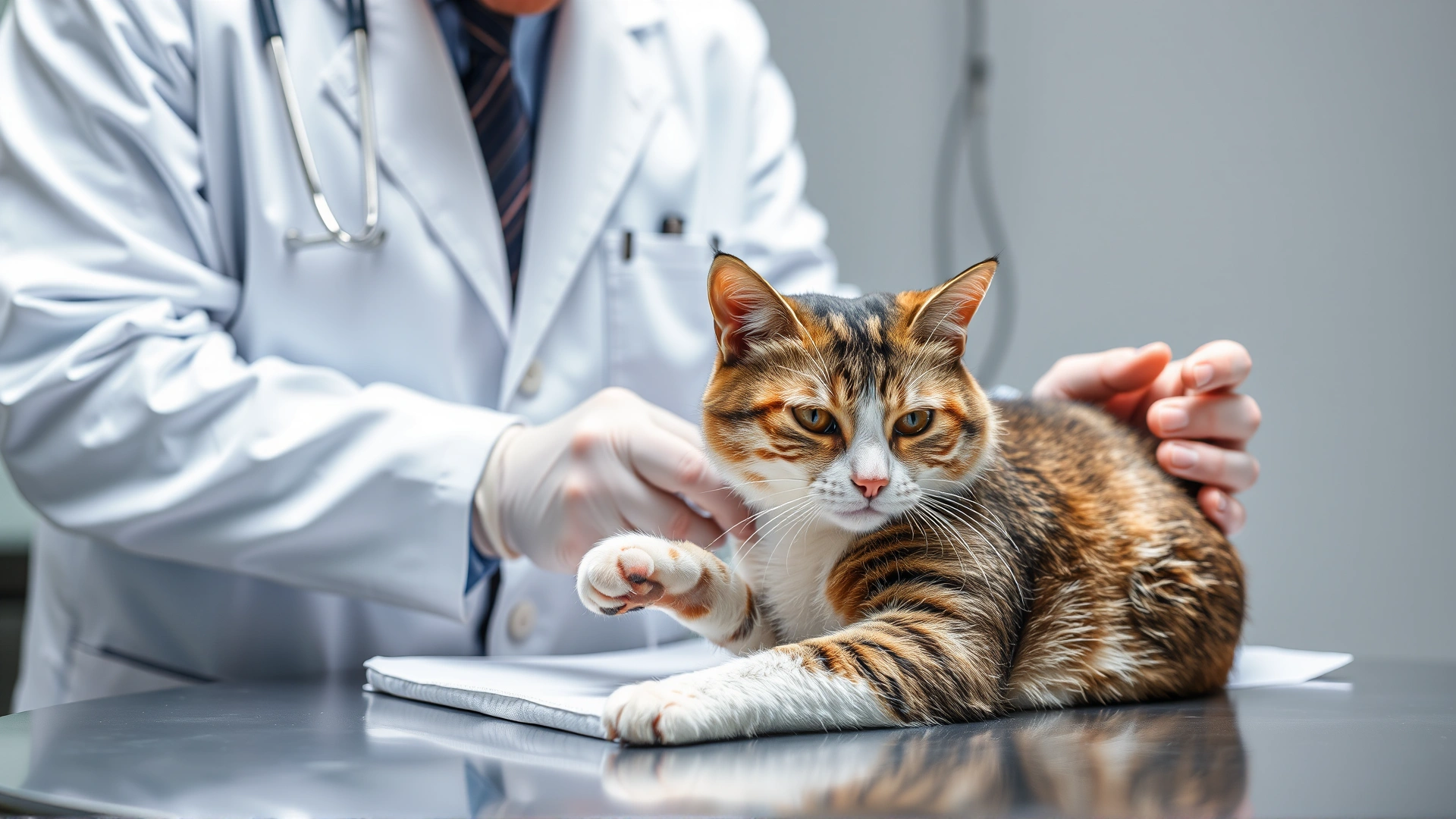 Photo of a veterinarian in white coat examining a cat