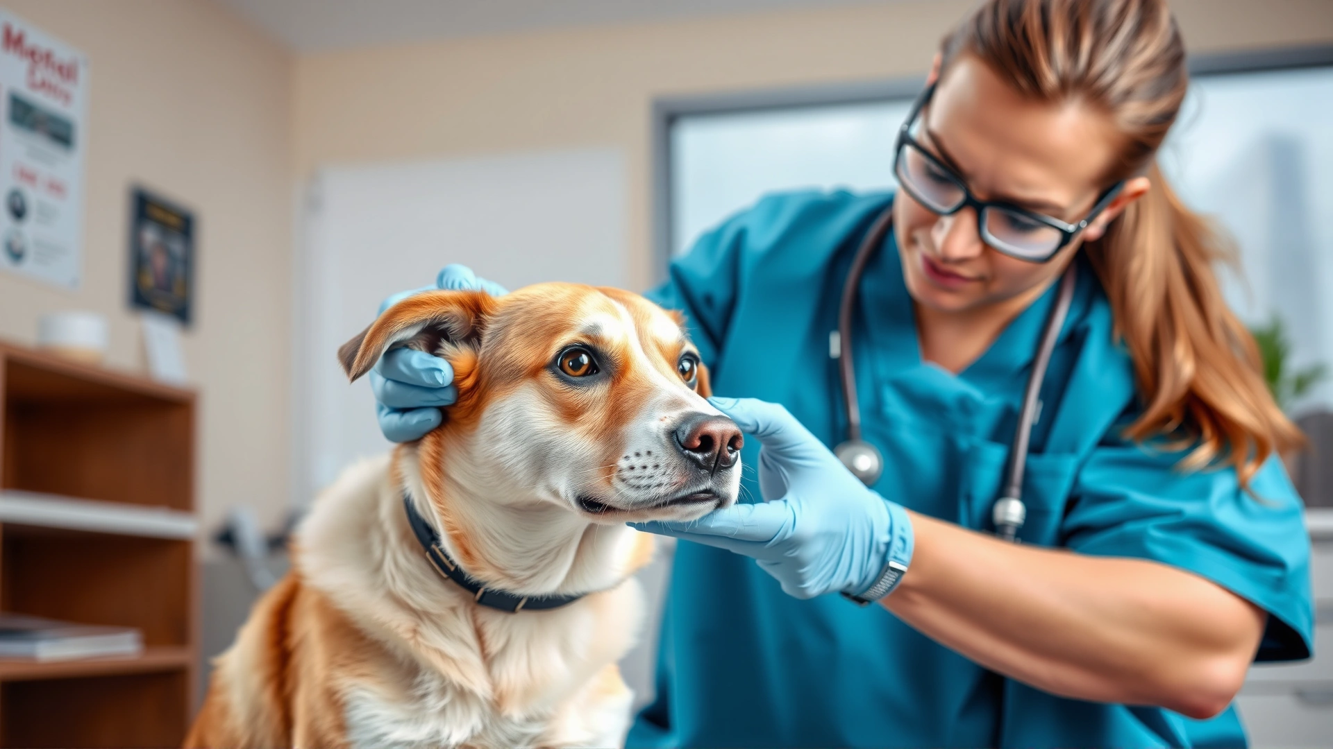 A veterinarian gently examining a dog's ears in a bright, modern clinic; the dog appears calm but slightly concerned.