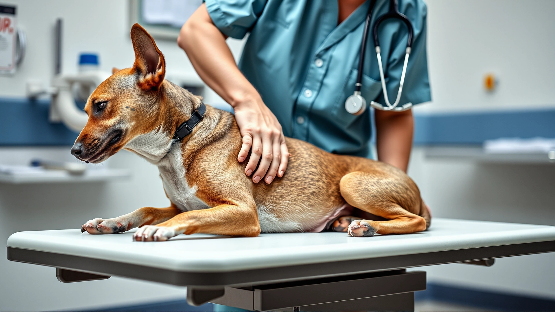 Veterinarian palpating a dog's abdomen on an examination table, sterile clinic background; focus on professional care; no text.