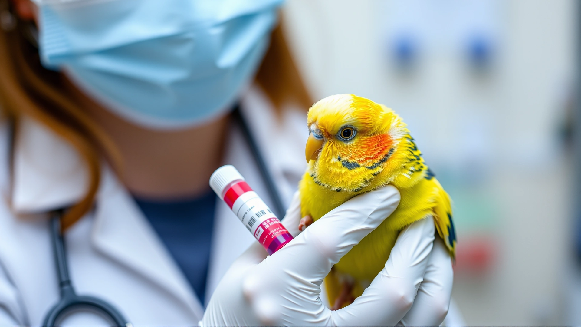 Veterinarian wearing gloves holding a budgerigar and preparing to take a blood sample, clinic setting, shallow depth of field, no text