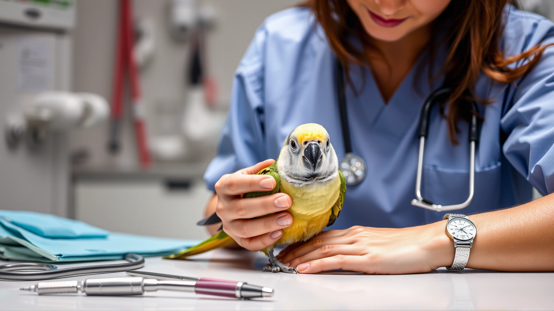 Photo of a veterinarian gently examining a small parrot on a table with medical tools nearby, demonstrating clinical diagnosis.