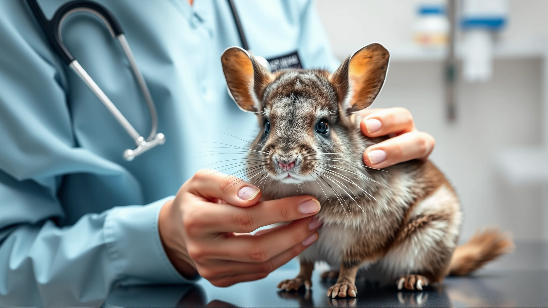 Veterinarian wearing scrubs gently examining the ear of a chinchilla on an examination table, clinic background.