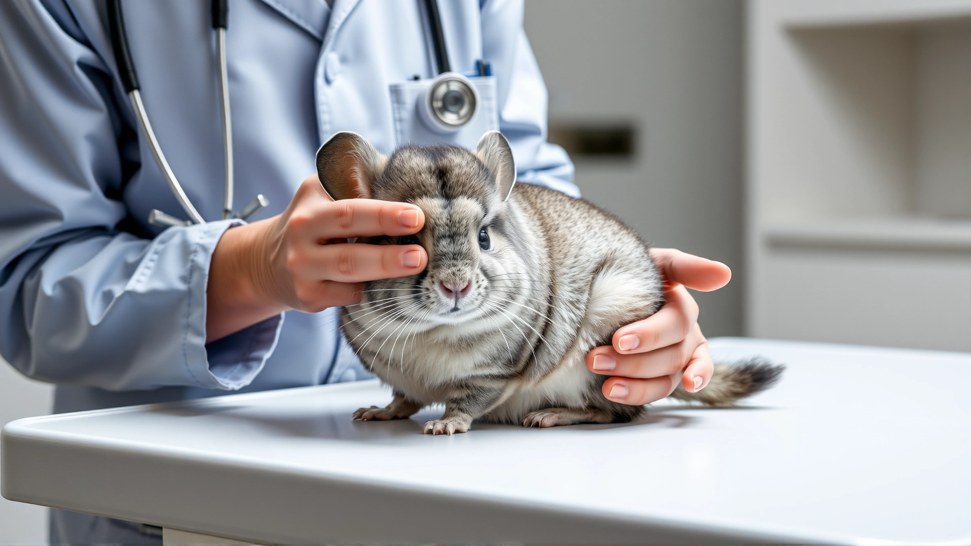 A veterinarian gently examining a chinchilla on an exam table, showing professional care and physical assessment.