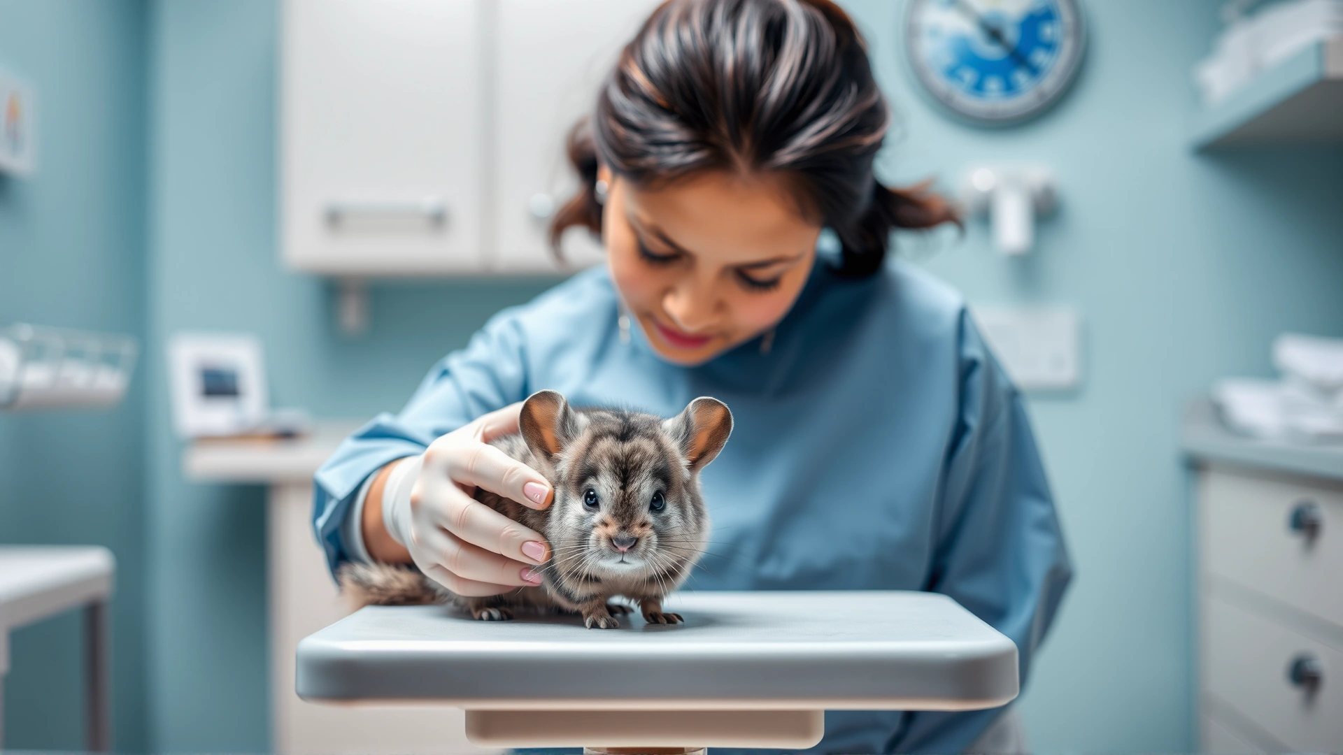 Veterinarian in scrubs carefully examining a chinchilla on a small exam table, clinic background slightly blurred