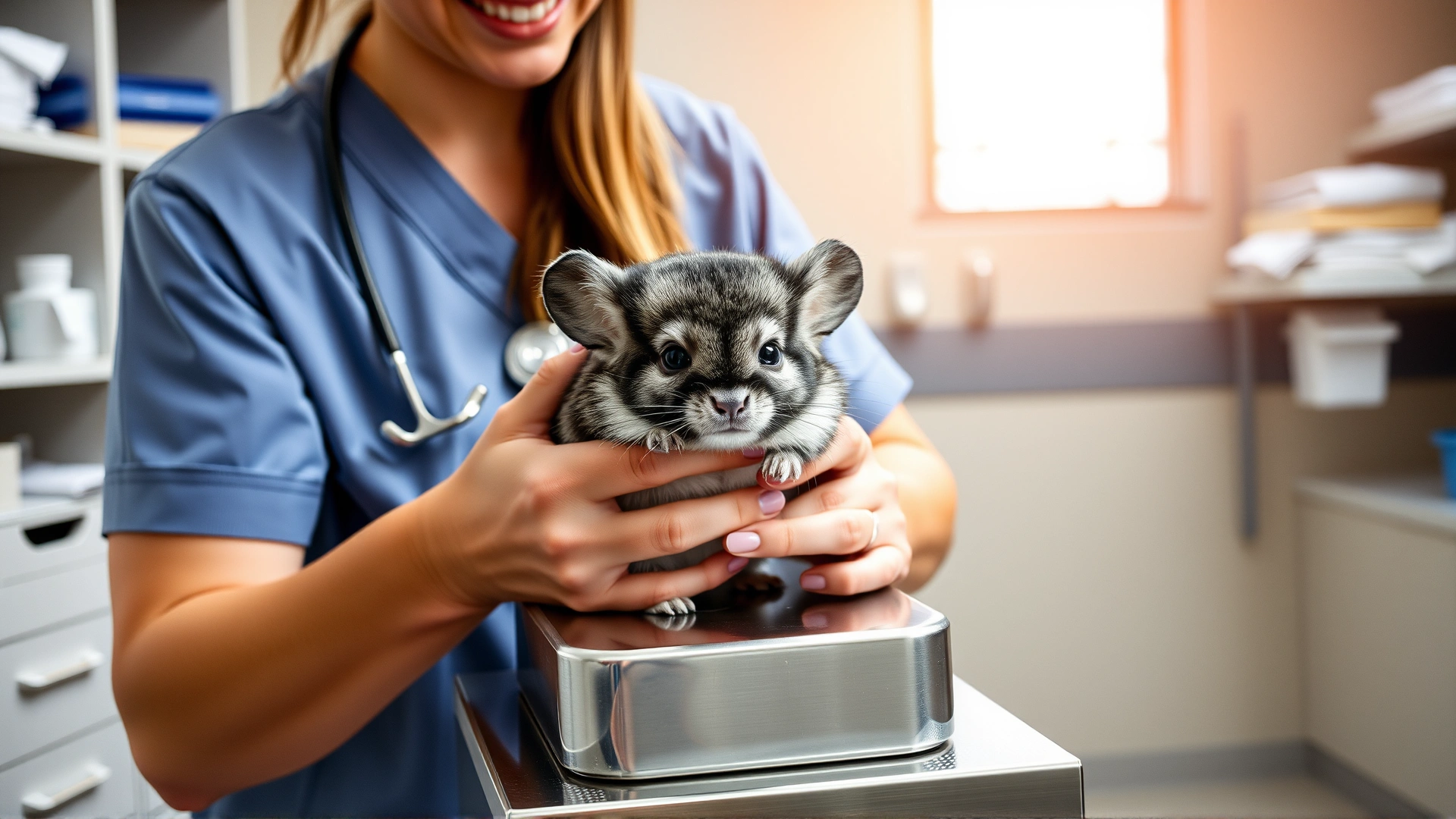 Friendly veterinarian gently holding a chinchilla on a stainless steel exam table inside a modern veterinary clinic