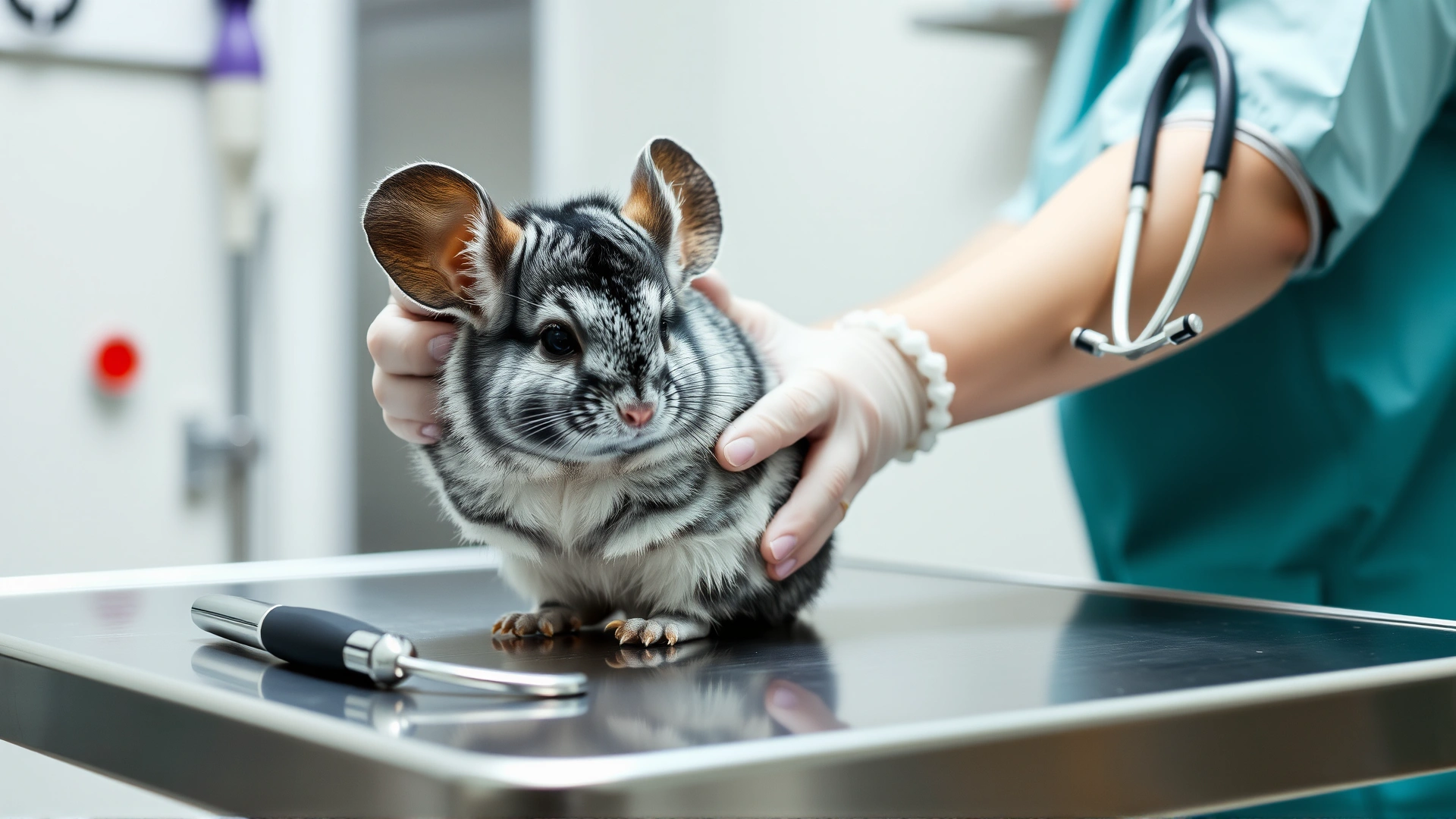 Exotic animal veterinarian gently examining a chinchilla on a stainless-steel vet table, clinical environment