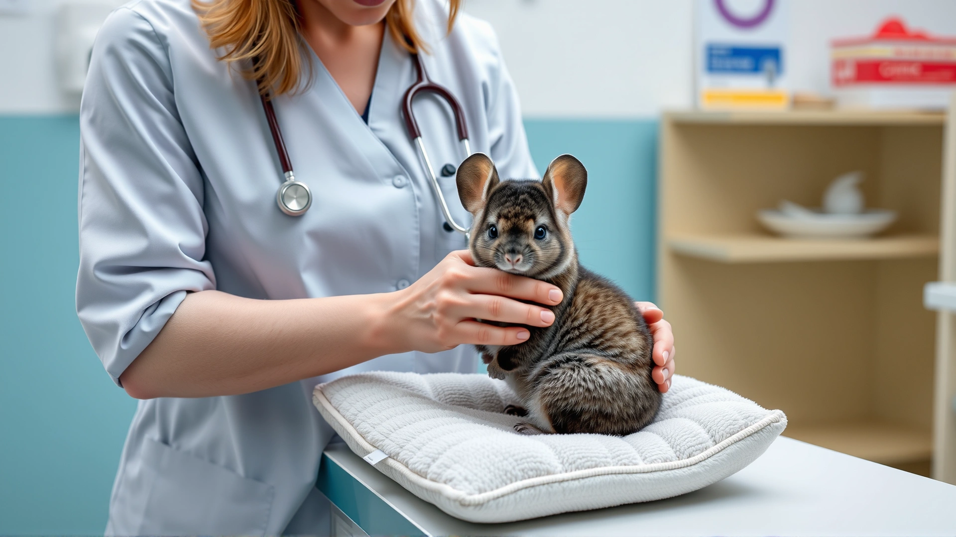 Veterinarian in a clinic gently examining a chinchilla on a padded table, stethoscope around neck, clean clinical background