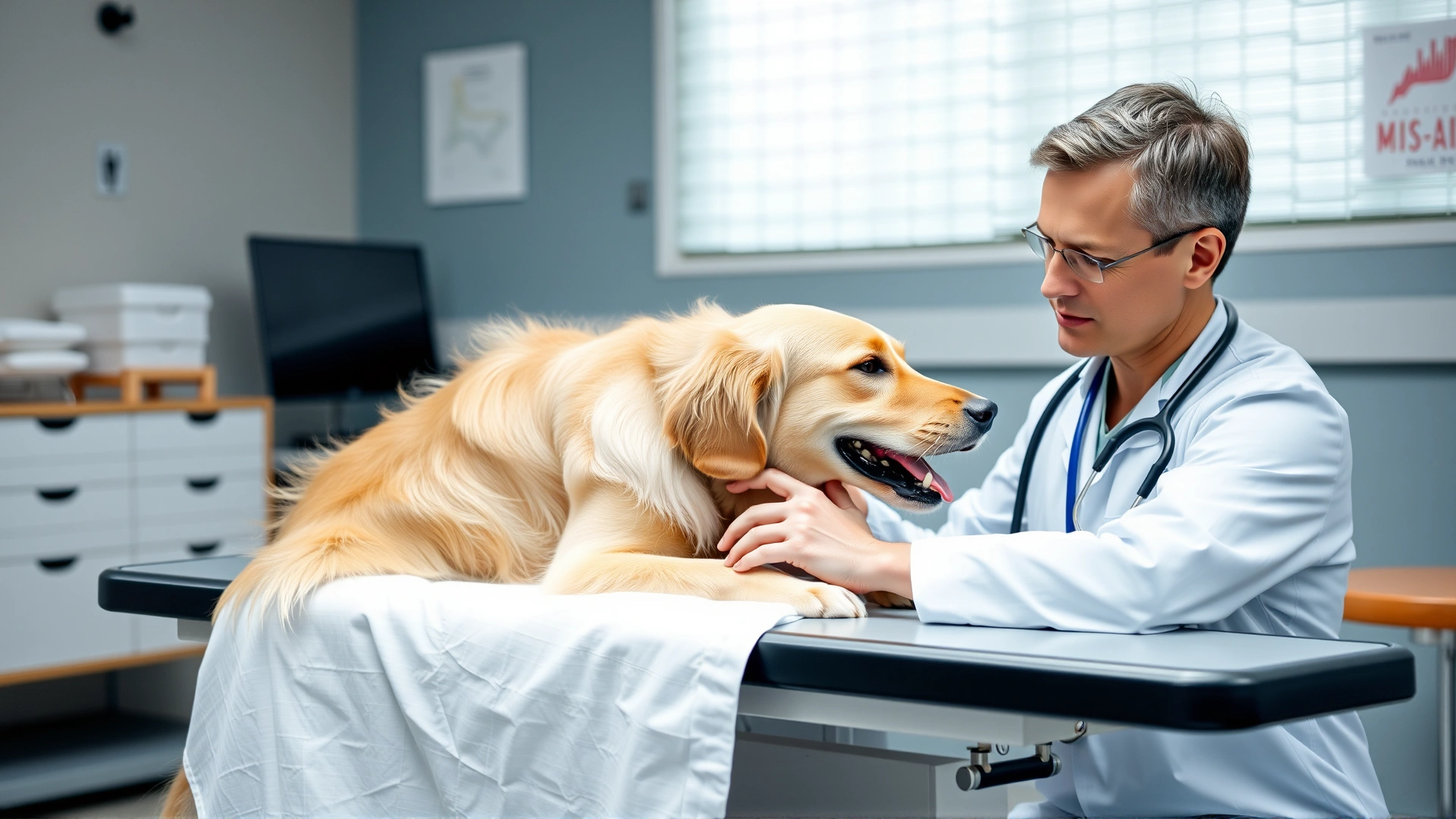 Veterinarian gently examining a golden retriever on an examination table inside a modern clinic, stethoscope visible