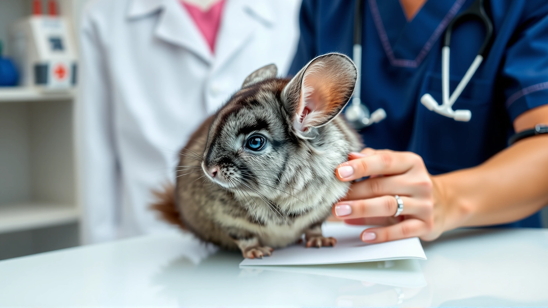 Veterinarian examining a chinchilla on an examination table with a stethoscope around the neck, clinic setting, high-resolution photo