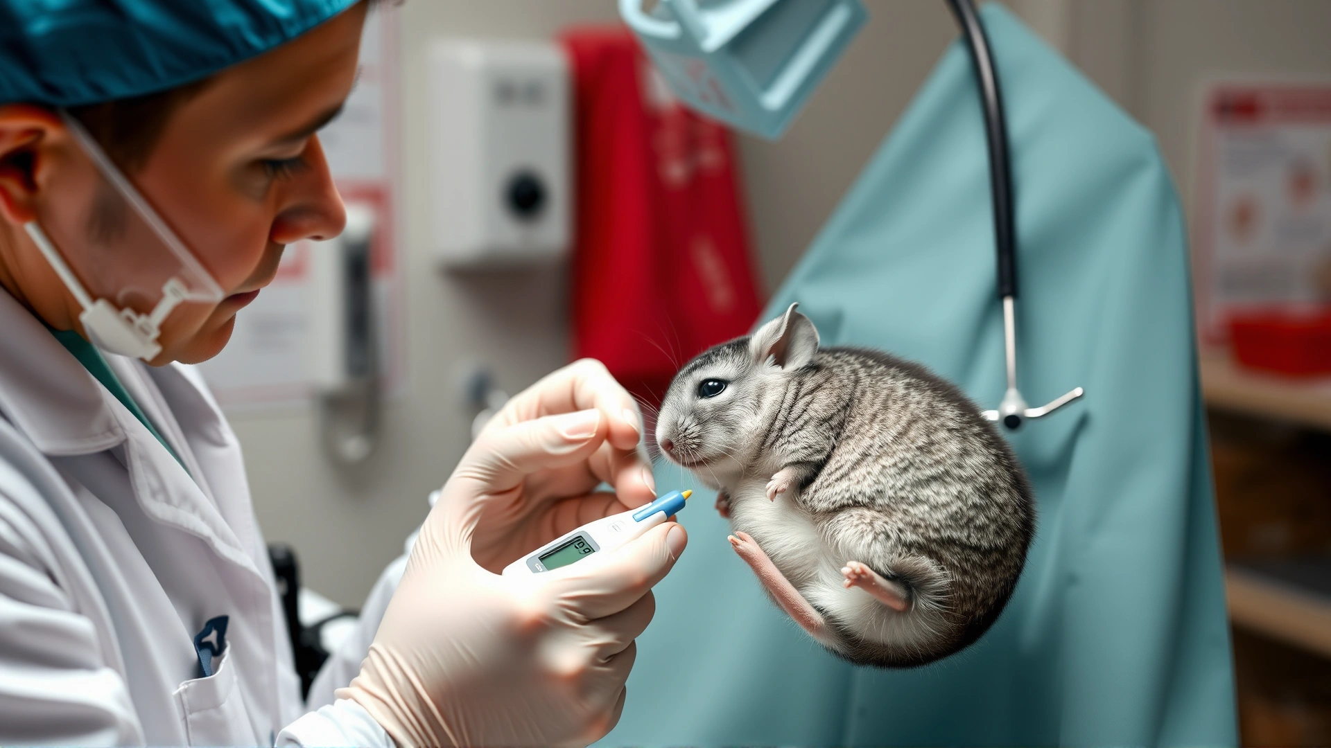 Veterinarian in clinic gently measuring a chinchilla's rectal temperature with a digital thermometer