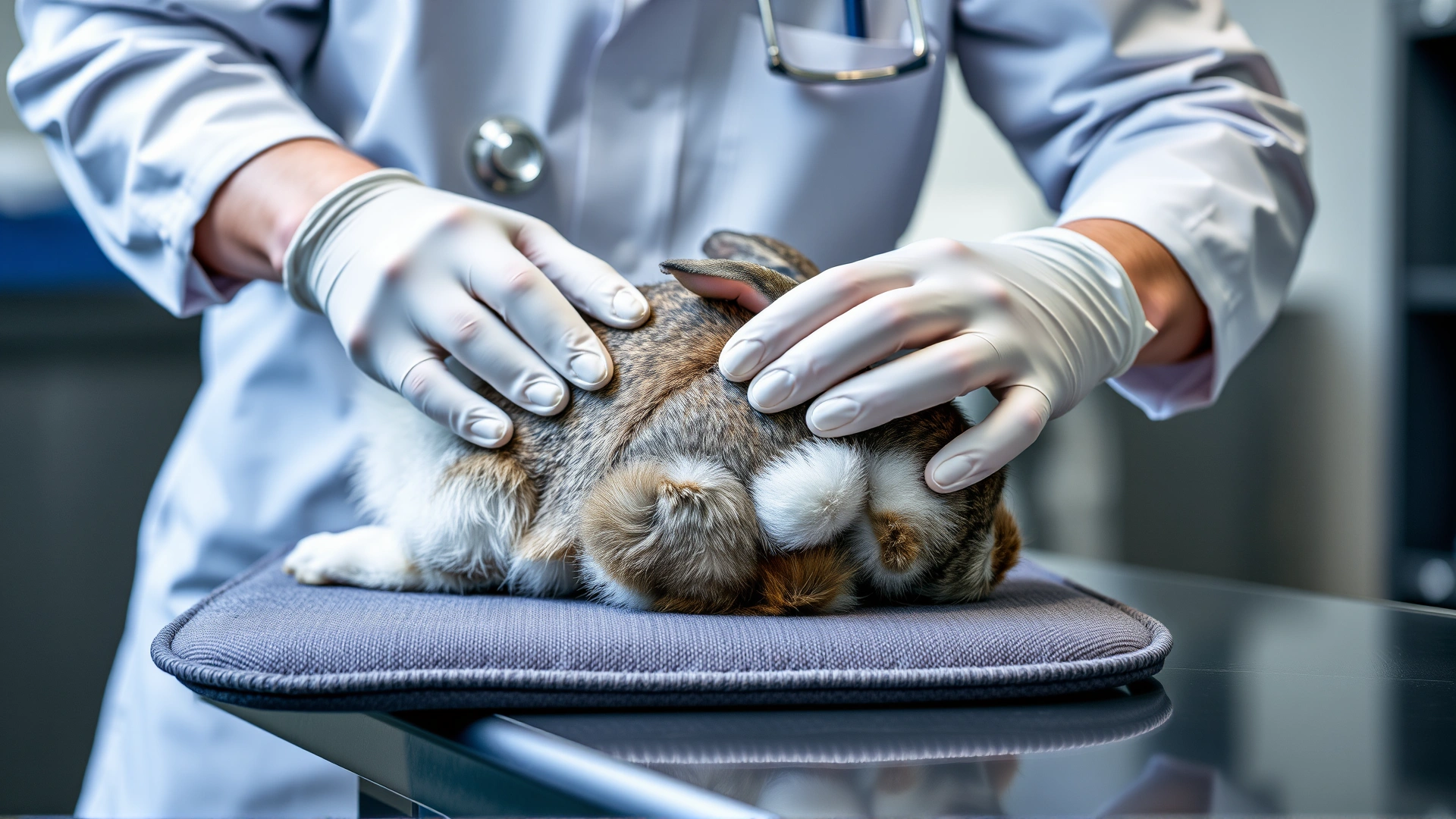 Veterinarian wearing gloves carefully examining the hind area of a rabbit on a padded table, clinical environment