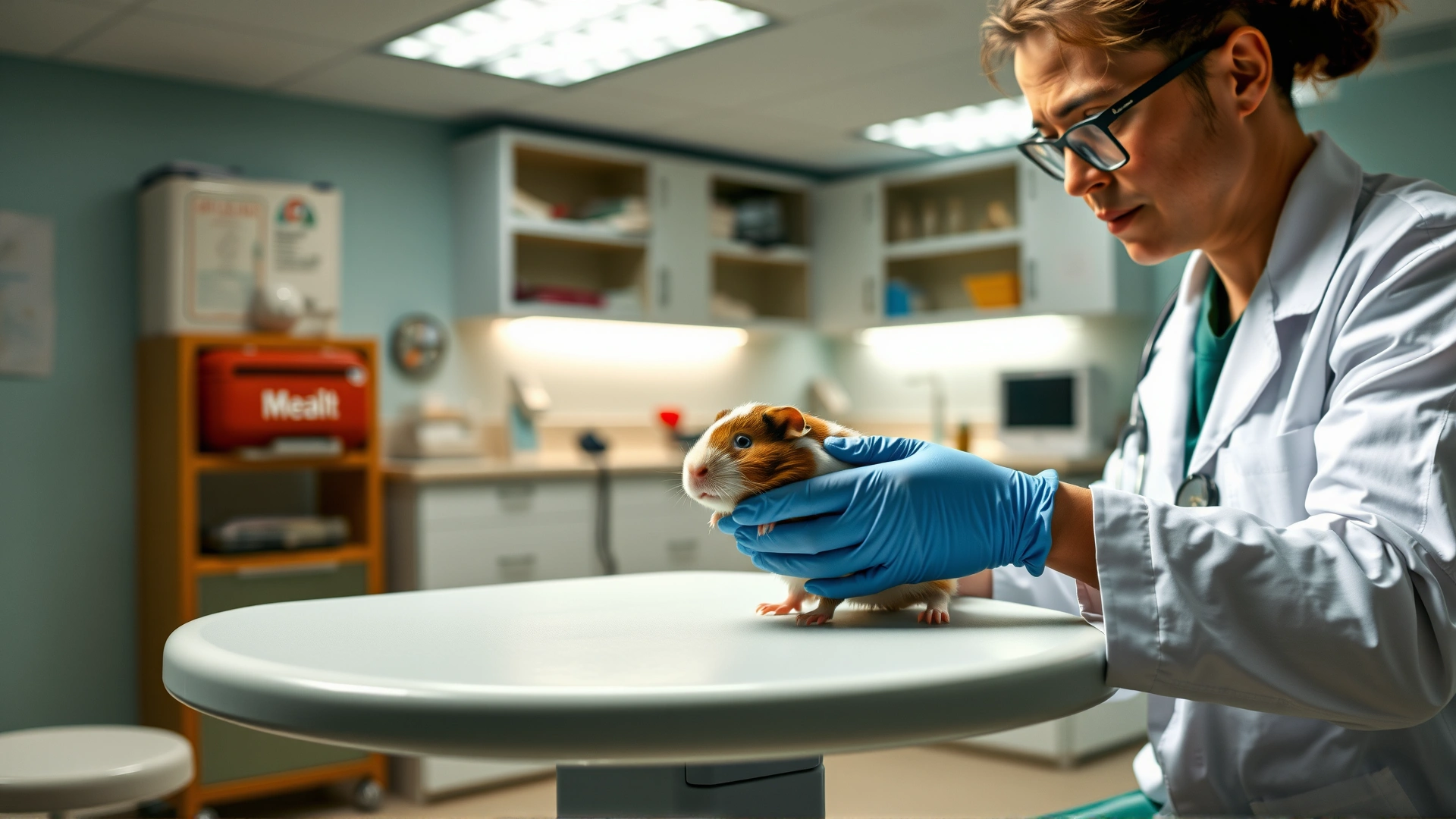 Veterinarian in a white coat and gloves examining a guinea pig on an examination table in a brightly lit clinic