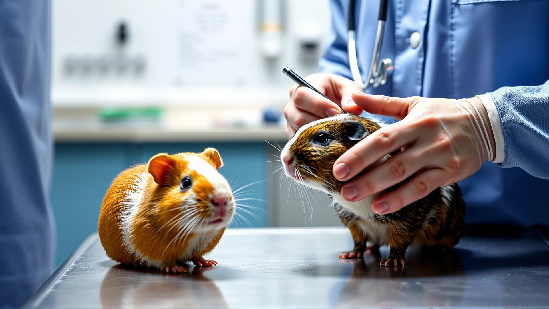Exotic pet veterinarian gently examining a guinea pig on a stainless steel exam table, clinic background slightly blurred