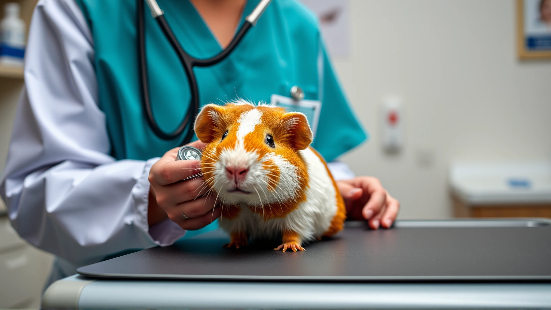 Veterinarian using a stethoscope to listen to a guinea pig’s lungs on an exam table, clinic background slightly blurred.