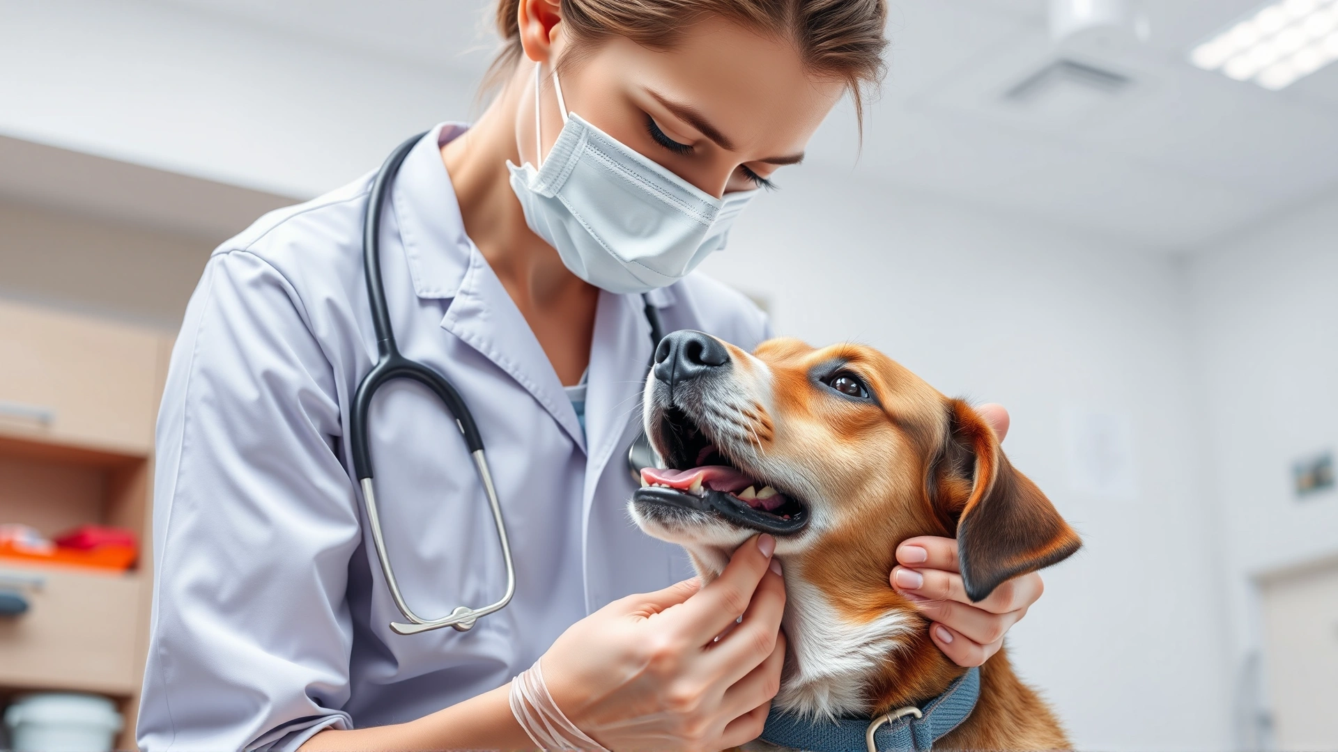 Veterinarian gently examining a dog's mouth in a bright, modern clinic, emphasizing medical evaluation.