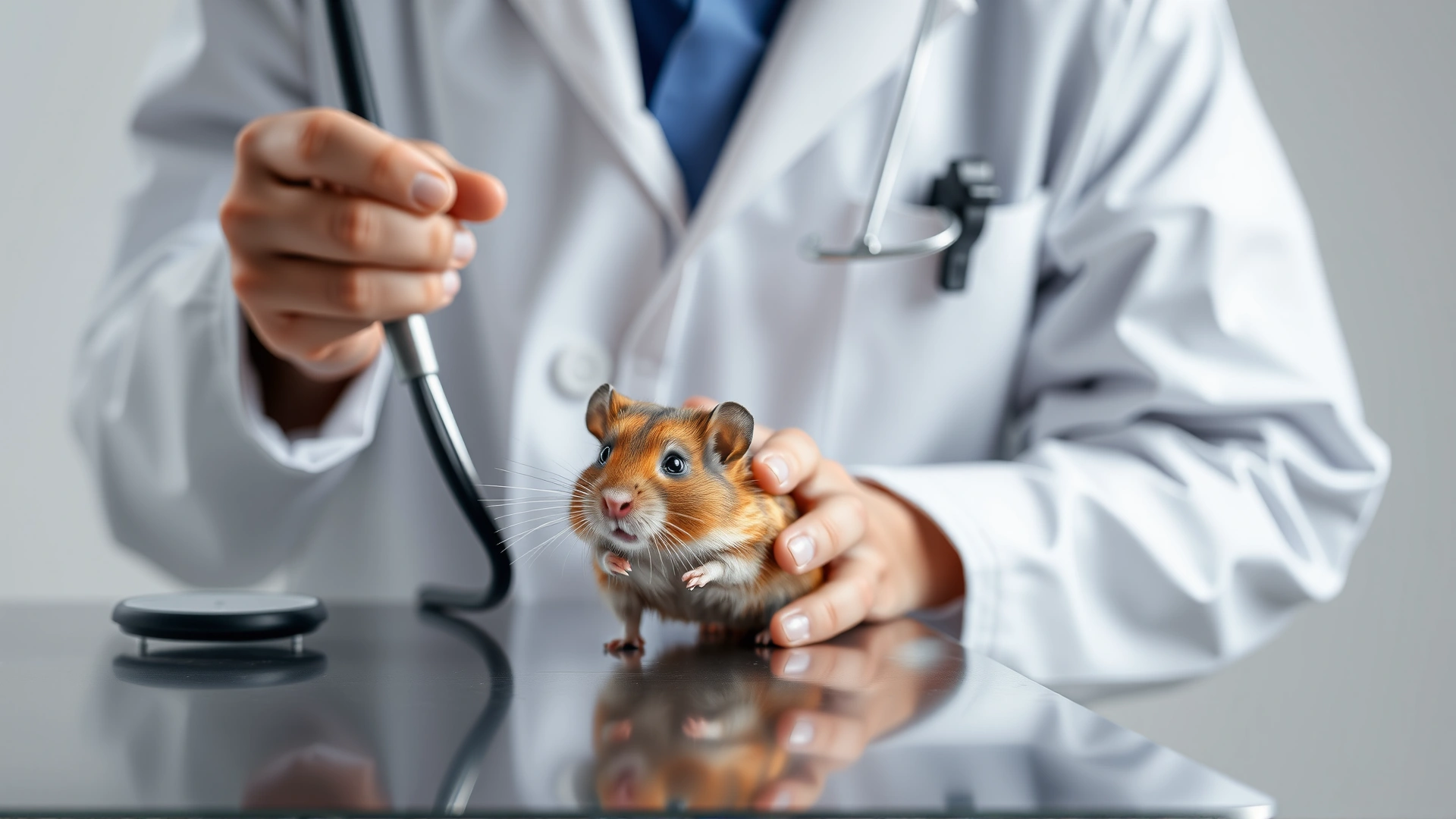 Veterinarian wearing a white coat gently examining a hamster on a stainless steel exam table