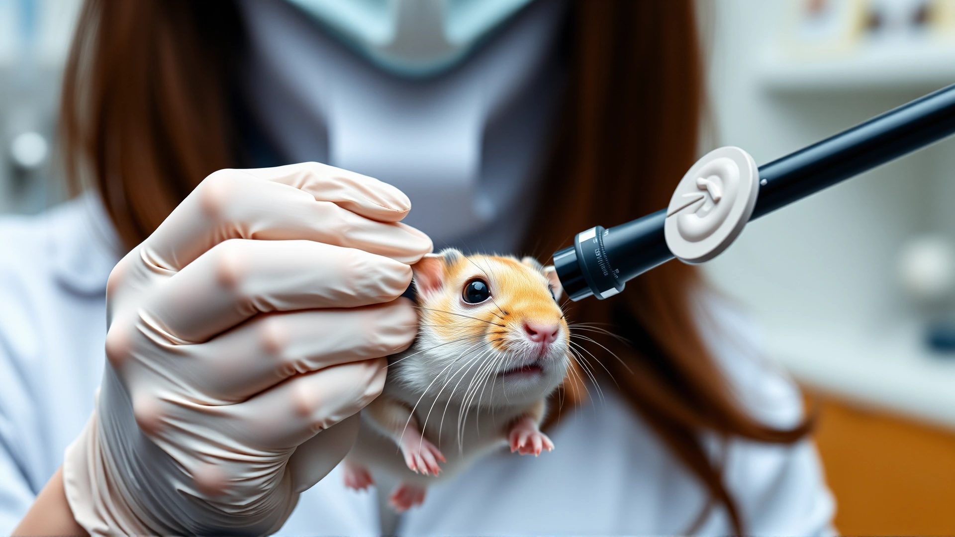 Veterinarian wearing latex gloves examining a hamster’s bulging eye with a small otoscope, clinic background
