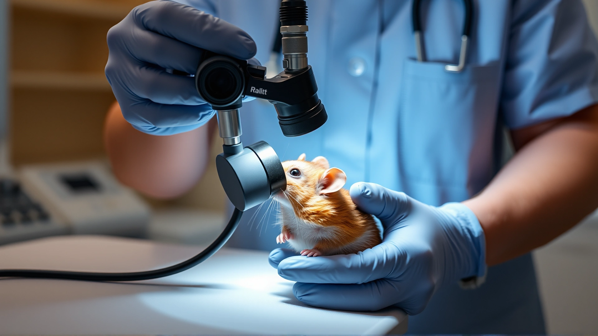 A veterinarian gently examining a hamster’s eye with an ophthalmoscope on a well-lit clinic table.