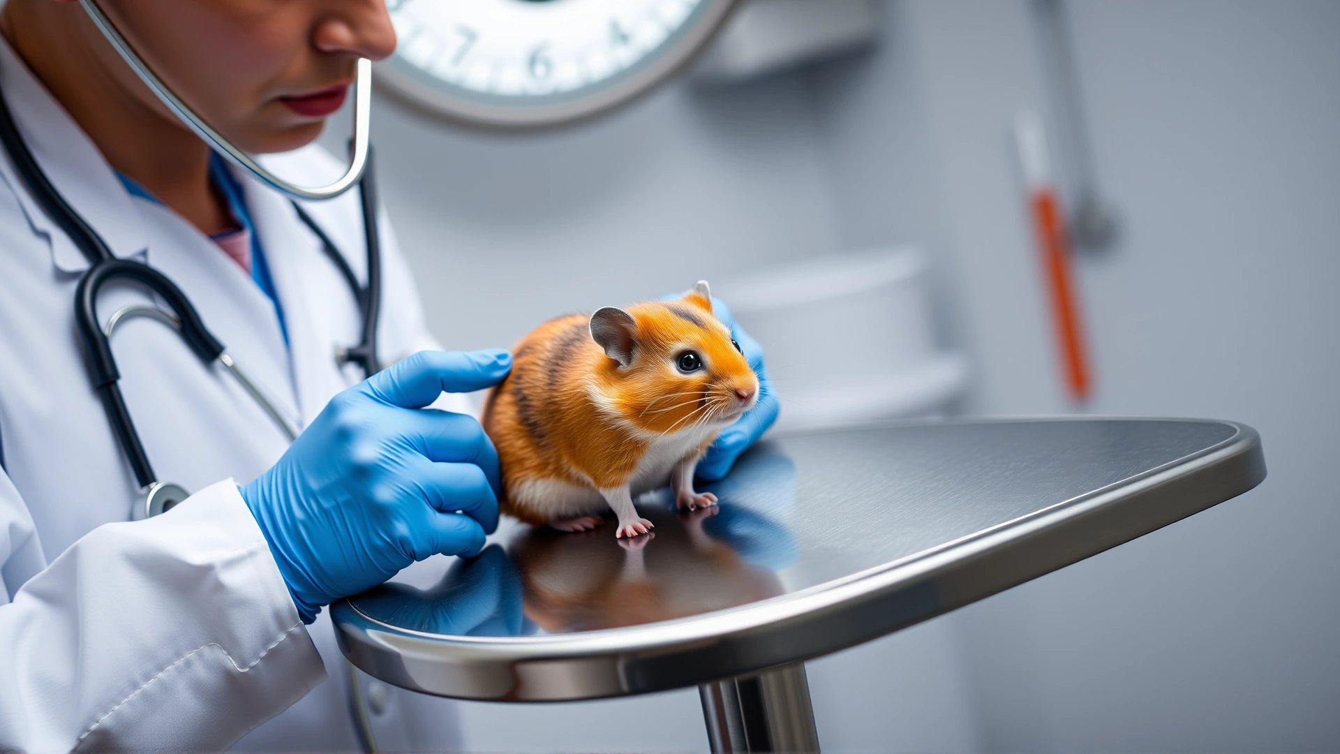 Veterinarian using a stethoscope to check a hamster on a stainless steel examination table
