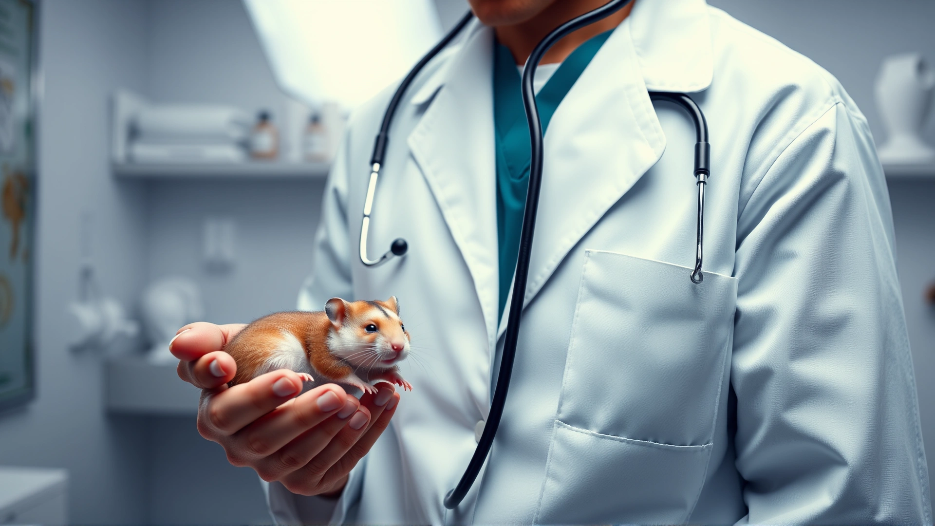 Veterinarian in white coat gently holding a hamster while using a stethoscope in a well-lit clinic environment, showcasing professional care, no text.